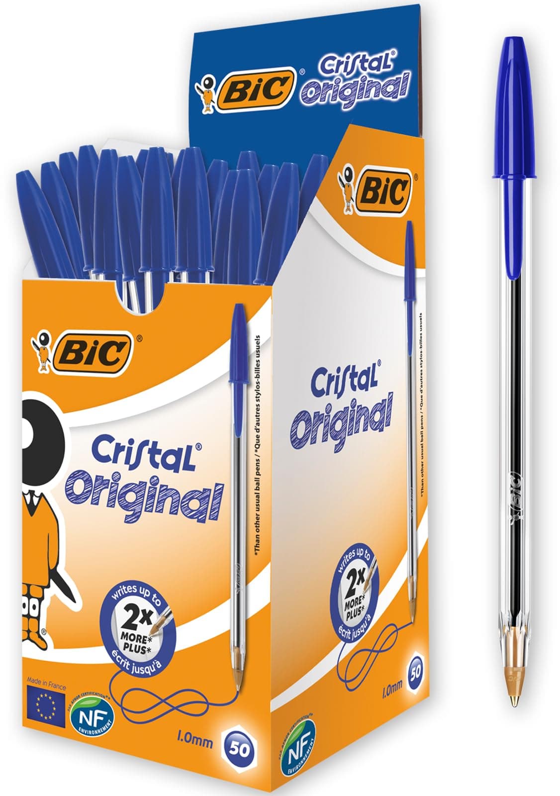 BIC Cristal Original Ballpoint Pens, Medium Point (1.0 mm) Every-Day Writing Pens with Clear Barrel, Blue, Box of 50