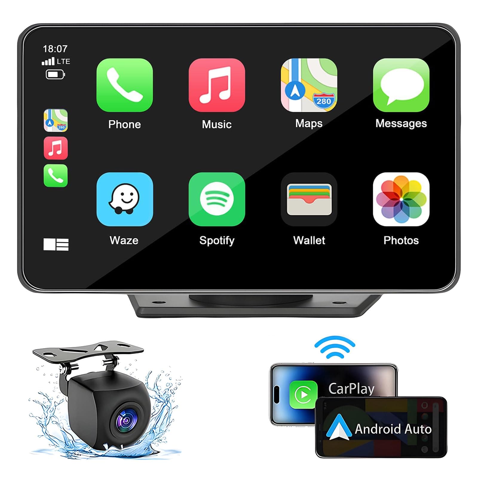 Capapro 7" HD Portable Carplay Wireless Touch Screen Double Din Car Stereo Compatible Apple Carplay and Android Auto with GPS Navigation, Voice Control, Mirror Link, Bluetooth