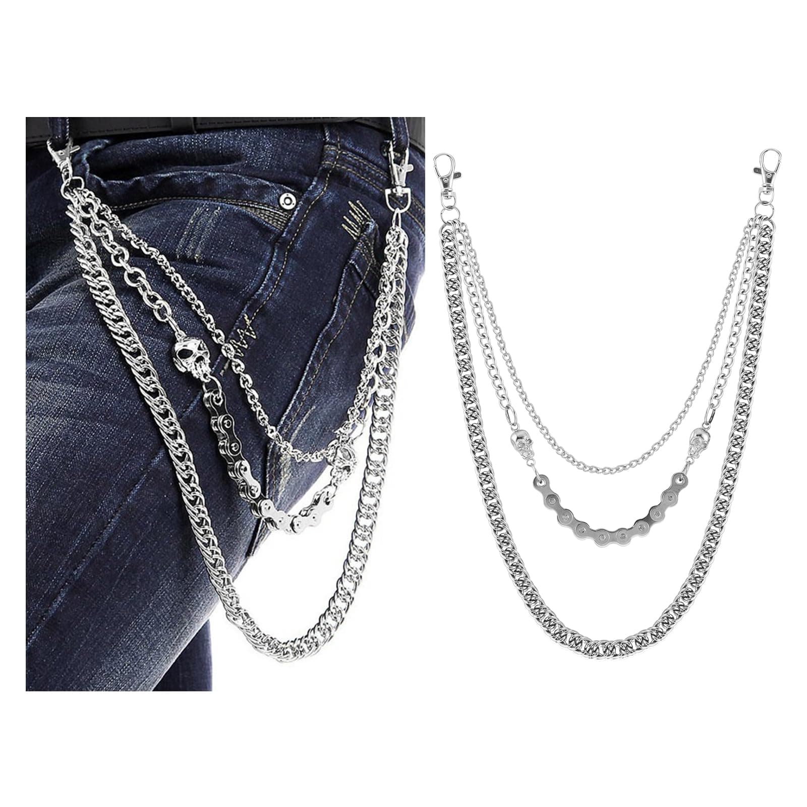 Jeans Chains Wallet Chain Pants Chain, Silver Pocket Chain Skull Chains Hip Hop Rock Chains Punk Gothic Metal Belt Chain Biker Trouser Chain Accessory Jewelry Gift for Men Women