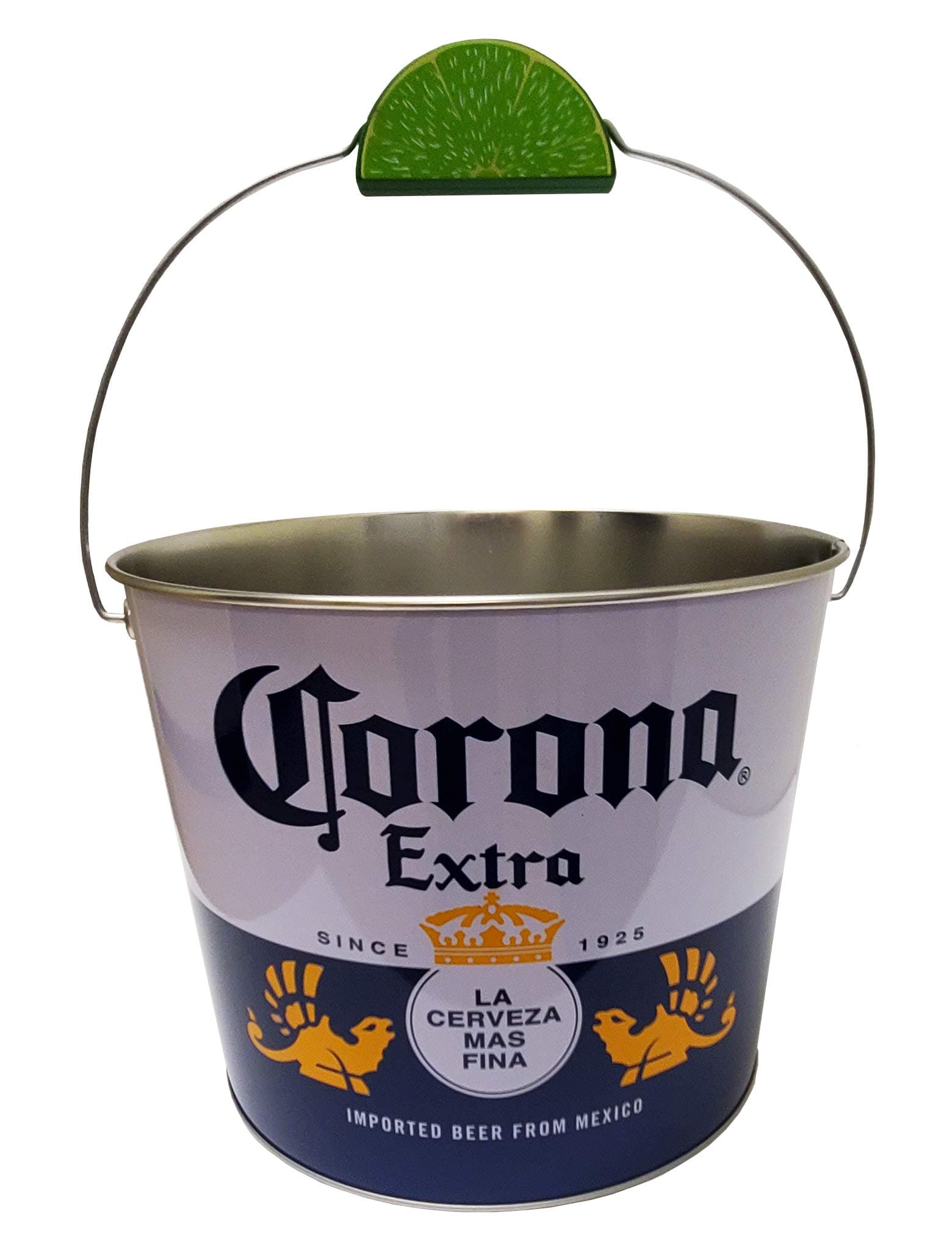 Corona Beverage Bucket with Wire Handle and Lime Grip, White and Blue