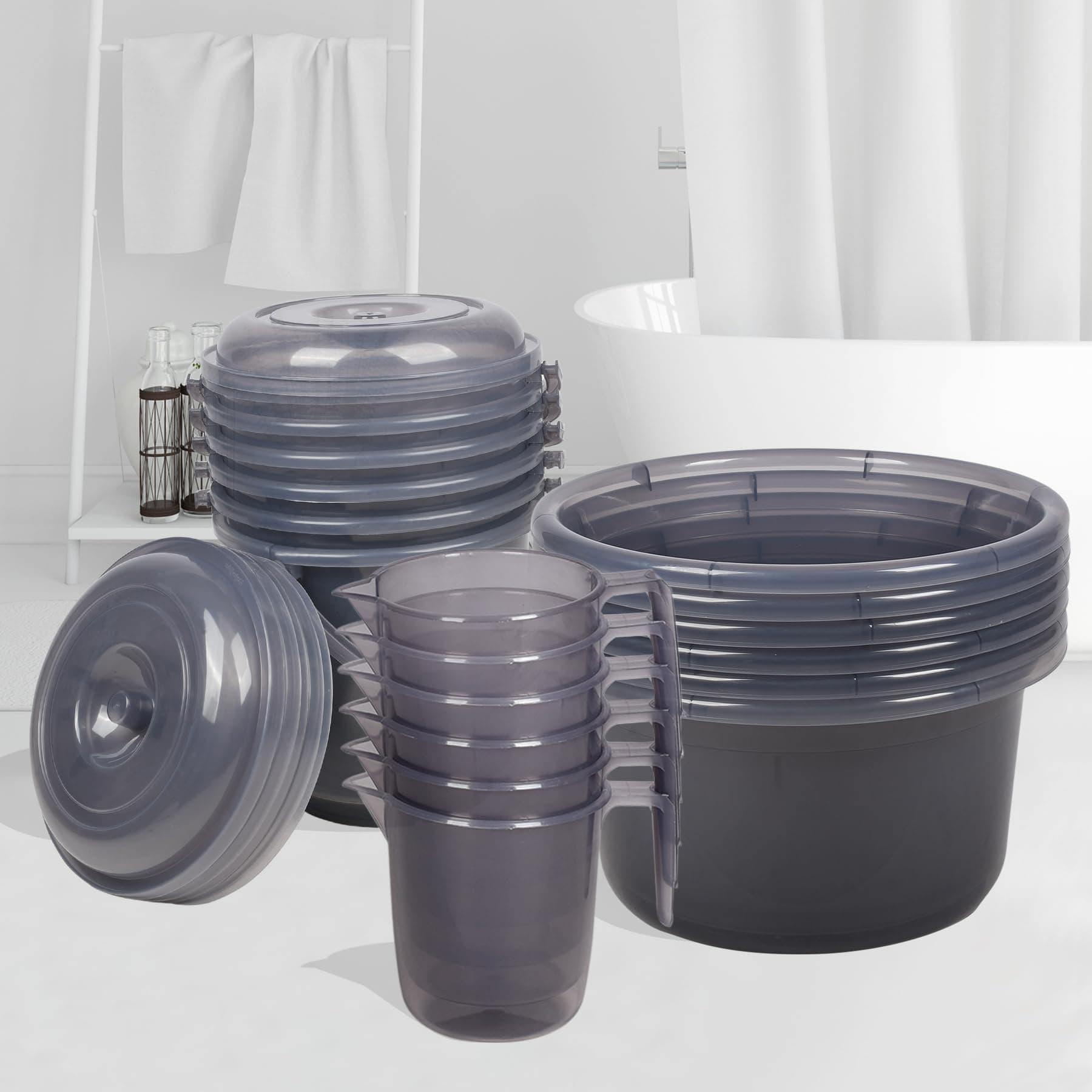 Kuber Industries Plastic Bathroom Combo Set - 18 Pieces: 6 Tubs (25 L), 6 Buckets (13 L), 6 Mugs (1100 ml) - Transparent Gray Bathing Accessories