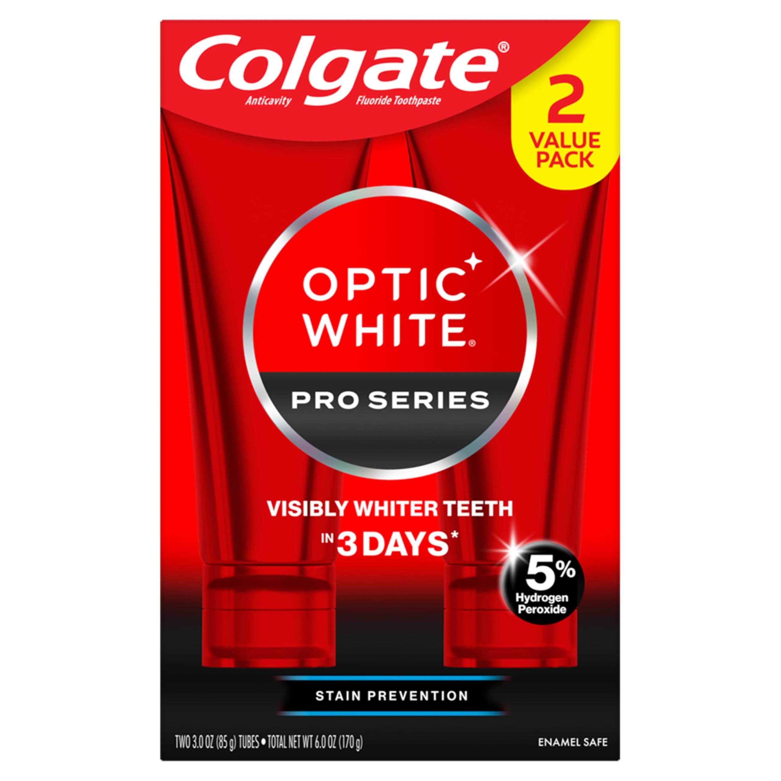 Colgate Optic White Pro Series Teeth Whitening Toothpaste with 5% Hydrogen Peroxide, Stain Prevention, Mint, 3 Ounces (2 Pack)