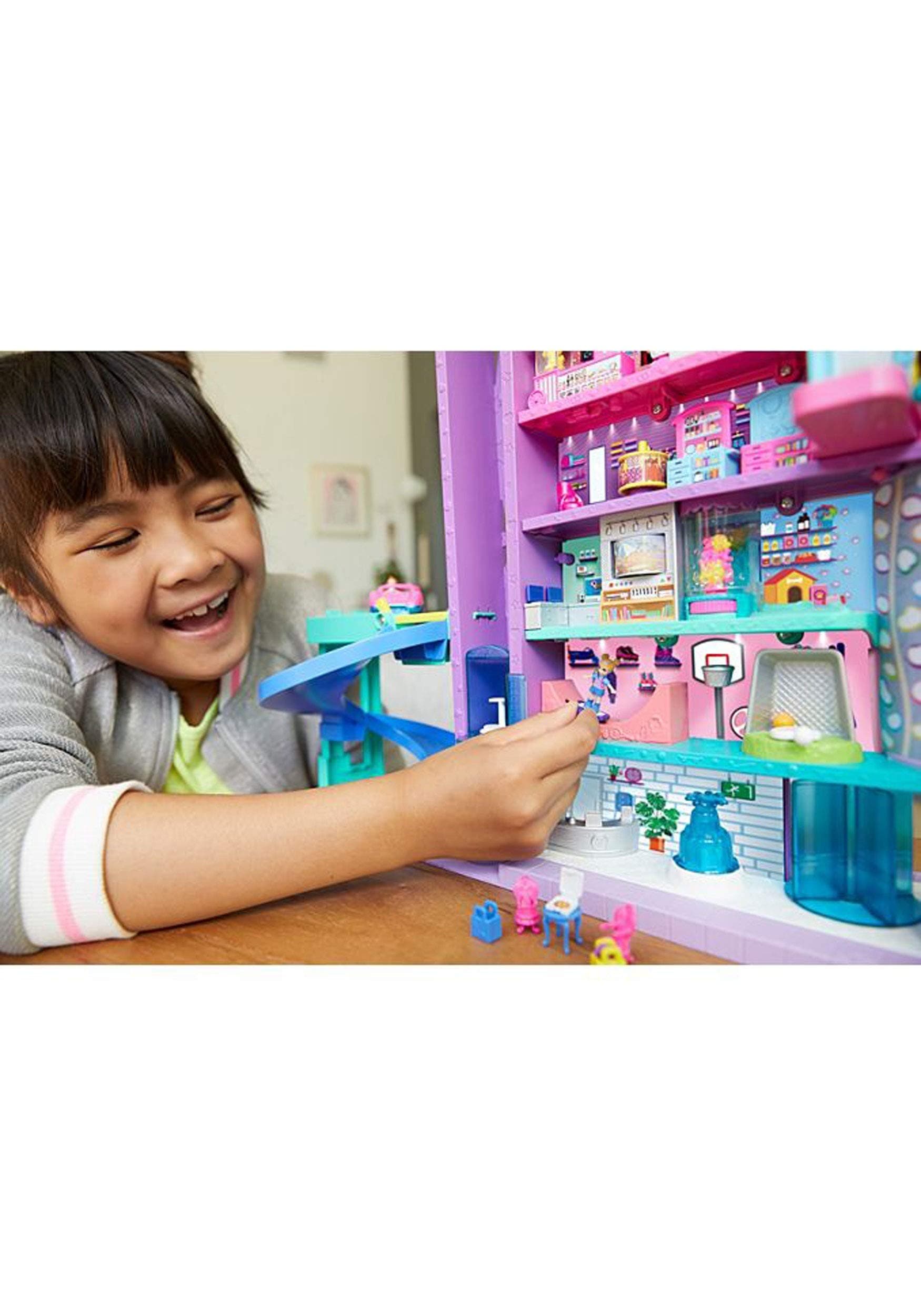 Polly Pocket Mega Mall with 6 Floors, Elevator, Vehicle, Parking Garage, Micro Polly & Lila Dolls, Dog & Storytelling Play Pieces; for Ages 4 and Up