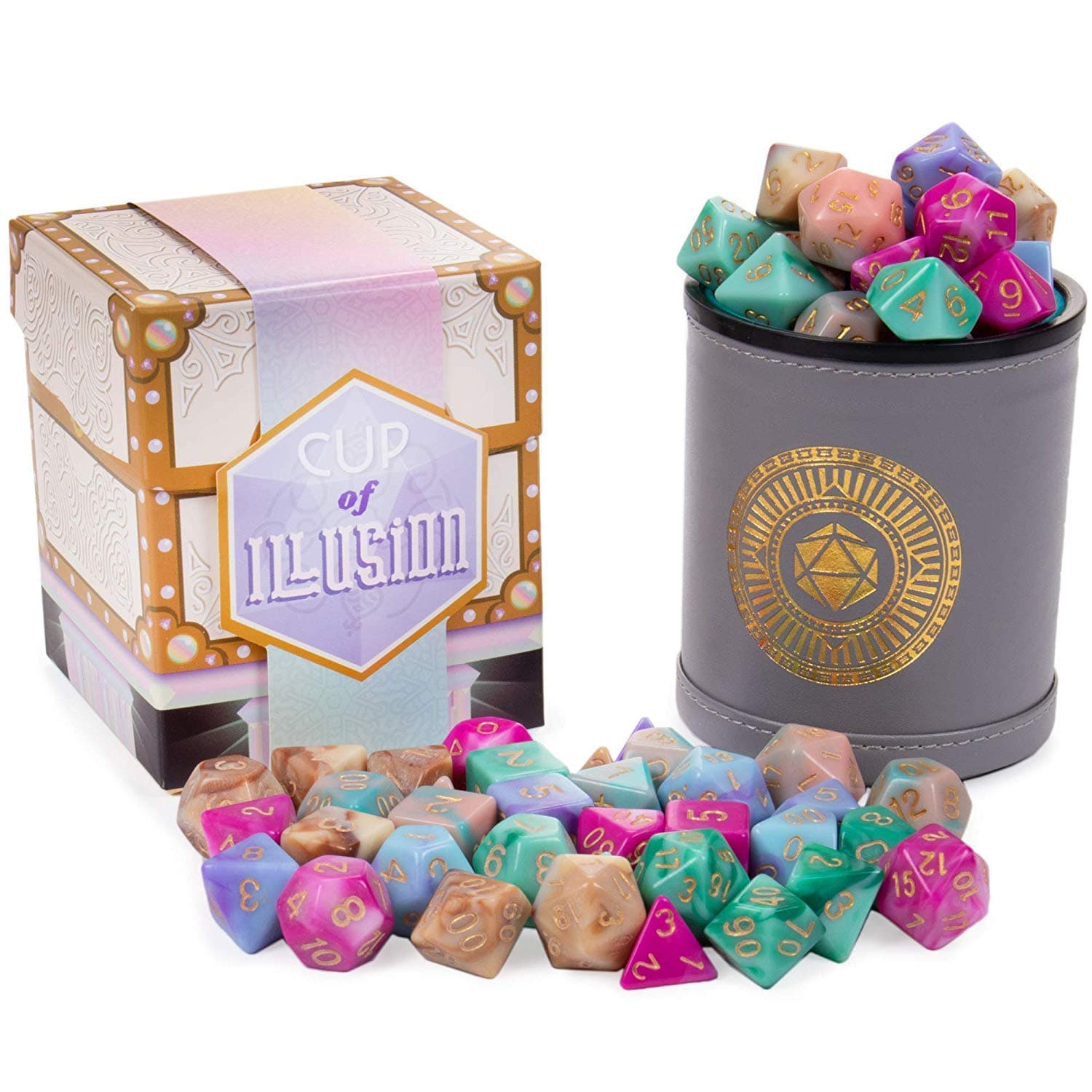 Wiz Dice Cup of Illusion - 35 Polyhedral DND Dice & Dice Shaker Cup & Box for Storage (5 Set of 7 Unique Colors) -Polyhedral Role Playing Dice in Unique Colors - DND Accessories for TTRPG Dice Games