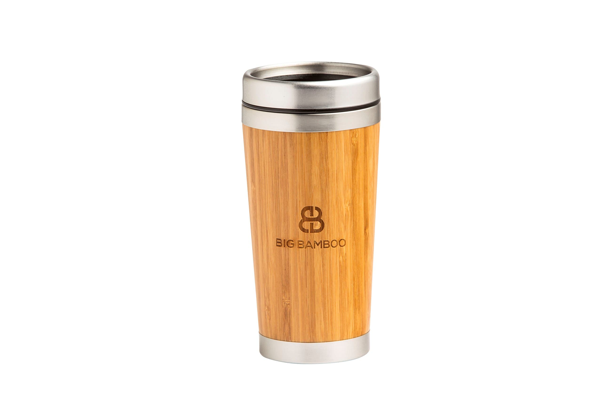 Big Bamboo Cool High Quality 450ml Double Wall Reusable Bamboo Travel Mug - Stainless Steel push and pull Lid.
