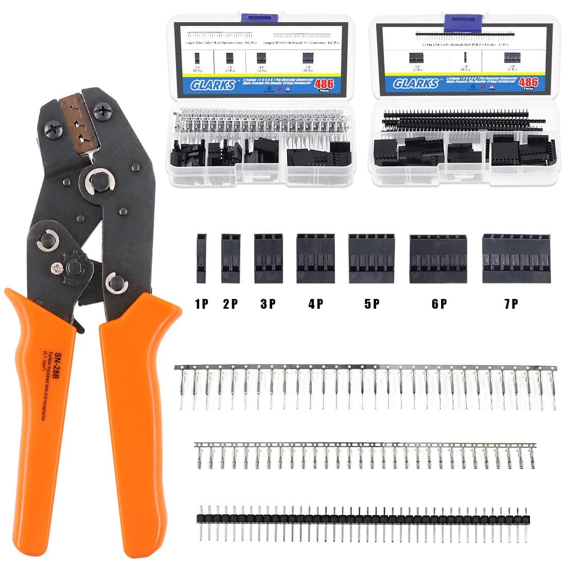 486Pcs Wire Crimper Plier with Connector Set, SN-28B Ratchet Crimping Tool with 485Pcs 2.54mm 1 2 3 4 5 6 7 Pin Housing Connector Male Female Pin Header Crimp Connector for AWG28-18 Dupont Pins