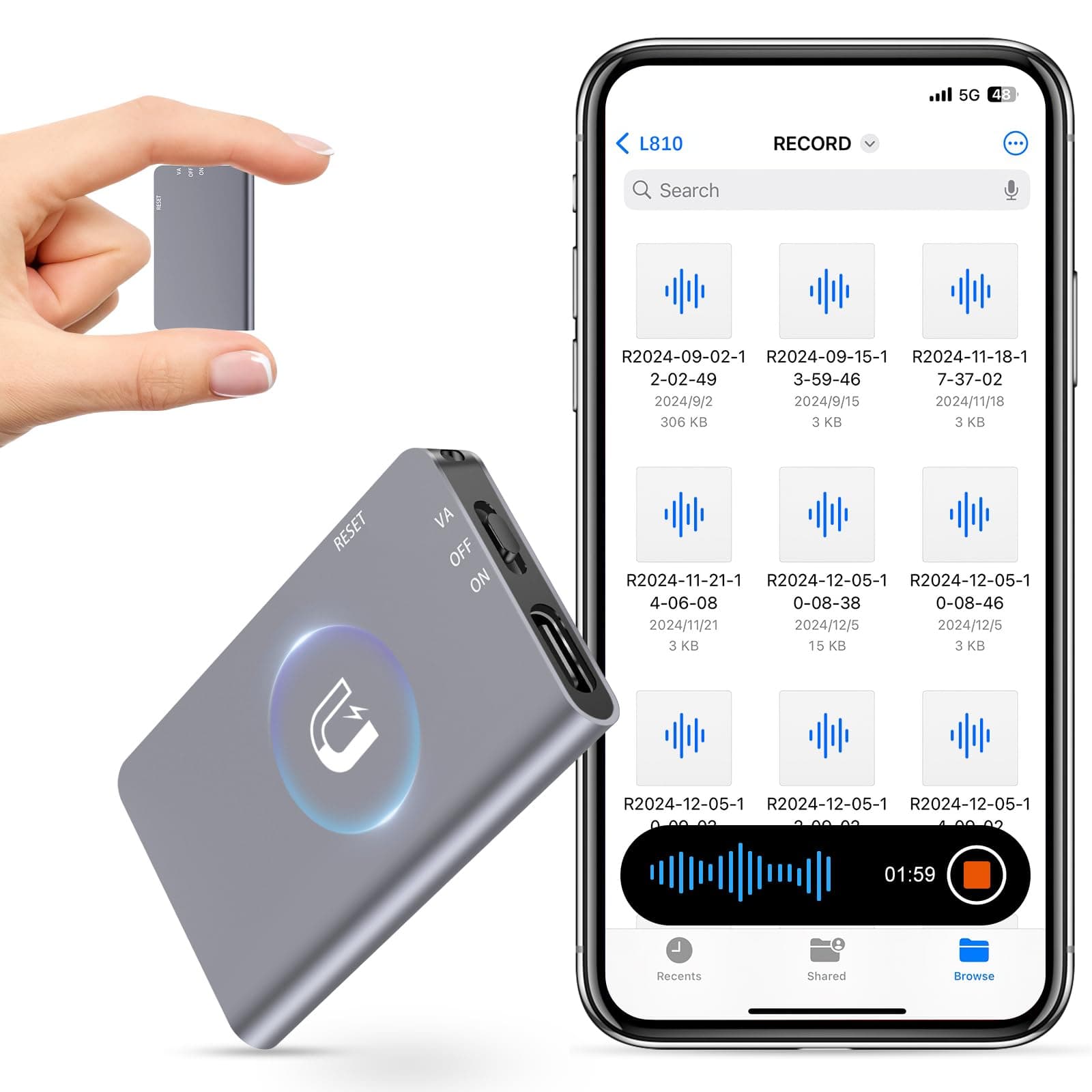 64GB Magnetic Digital Voice Recorder - 40 Hours Continuous Recording Device Voice Activated Recorder with AI-Intelligent Triple Noise Reduction - Audio Recorder Device for Lectures Meetings Interviews