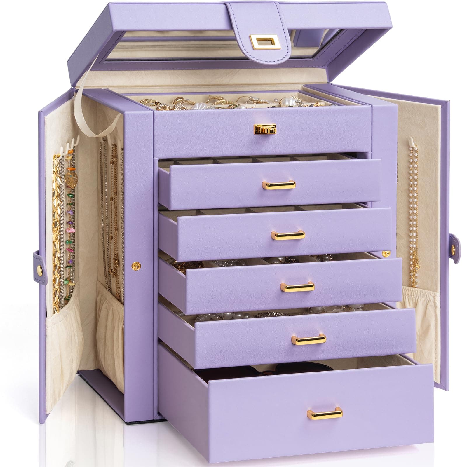 AKOZLIN Large Jewelry Box Organizer Functional with Big Mirror, Leather Jewelry Storage Case for Women Girls Ring Necklace Earring Bracelet Holder Organizer Violet