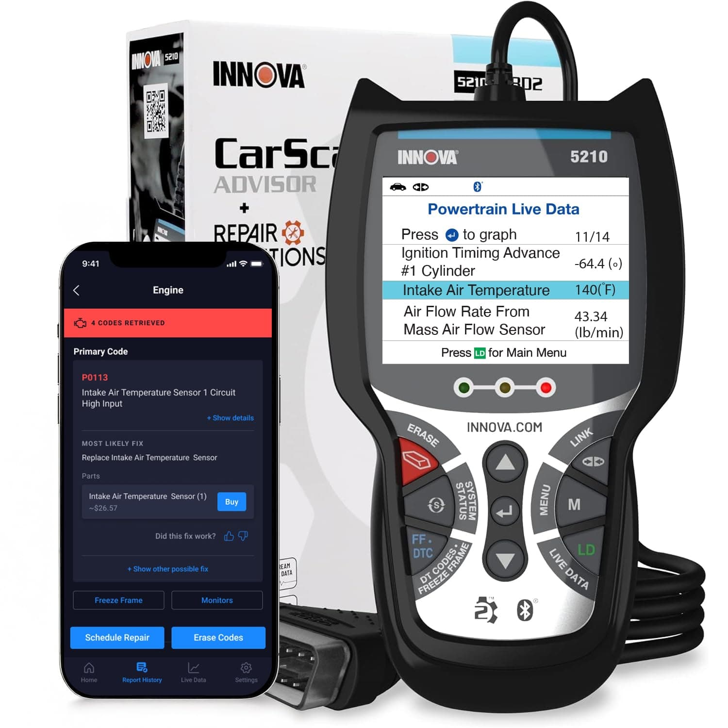 Innova 5210 OBD2 Scanner & Engine Code Reader, Battery Tester, Live Data, Oil Reset, Car Diagnostic Tool for Most Vehicles, Bluetooth Compatible with America's Top Car Repair App