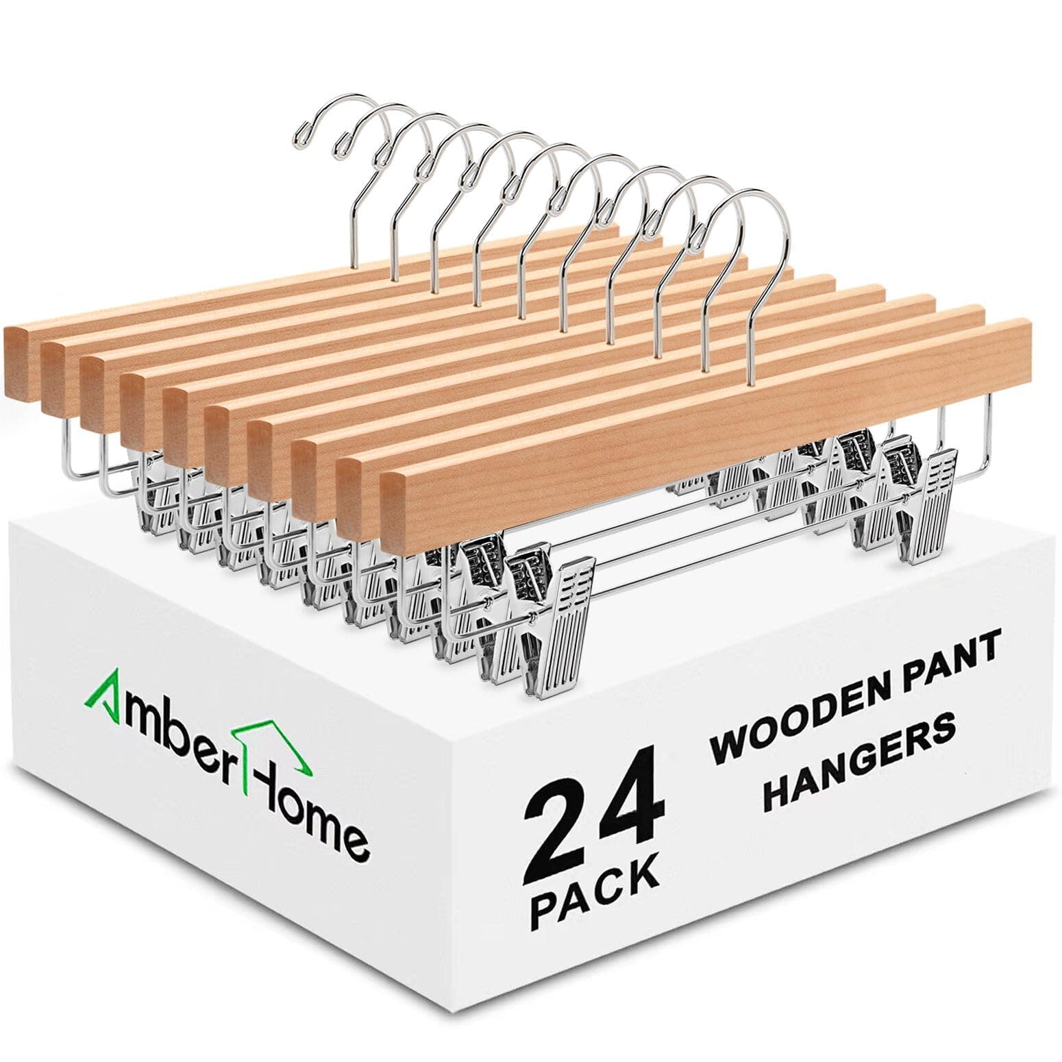 Amber Home 24-Pack Solid Gugertree Deluxe Wooden Pants Hangers (Natural, S-Shape, Wood, Metal Finish, 18 Pounds Max Weight, Adjustable Clips, 24 Count)
