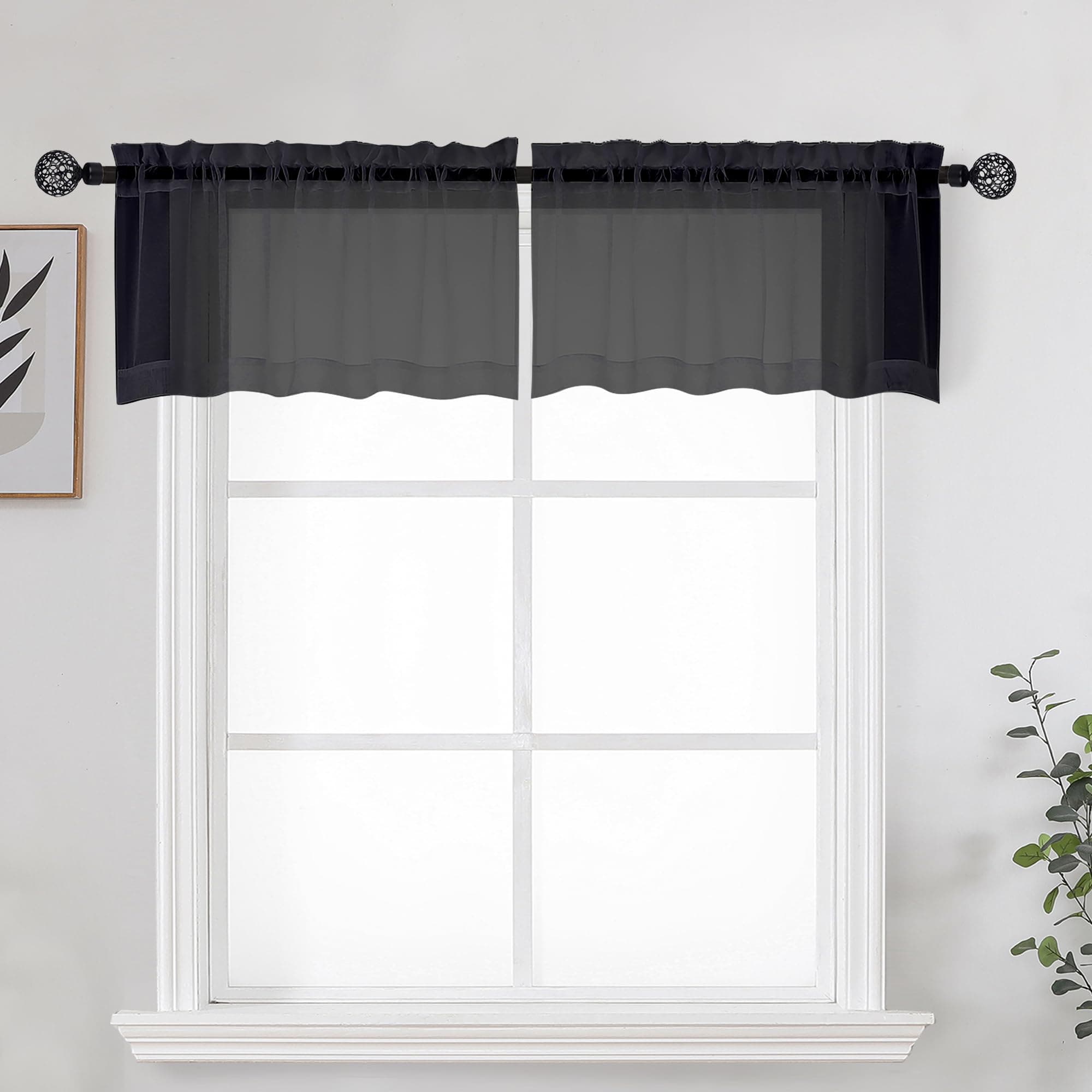Black Sheer Kitchen Valance for Windows Set of 2, Small Modern Rod Pocket Voile Valance Curtain Window Treatment Decor for Living Room Bathroom Cafe Laundry Basement, 42" W x 14" L