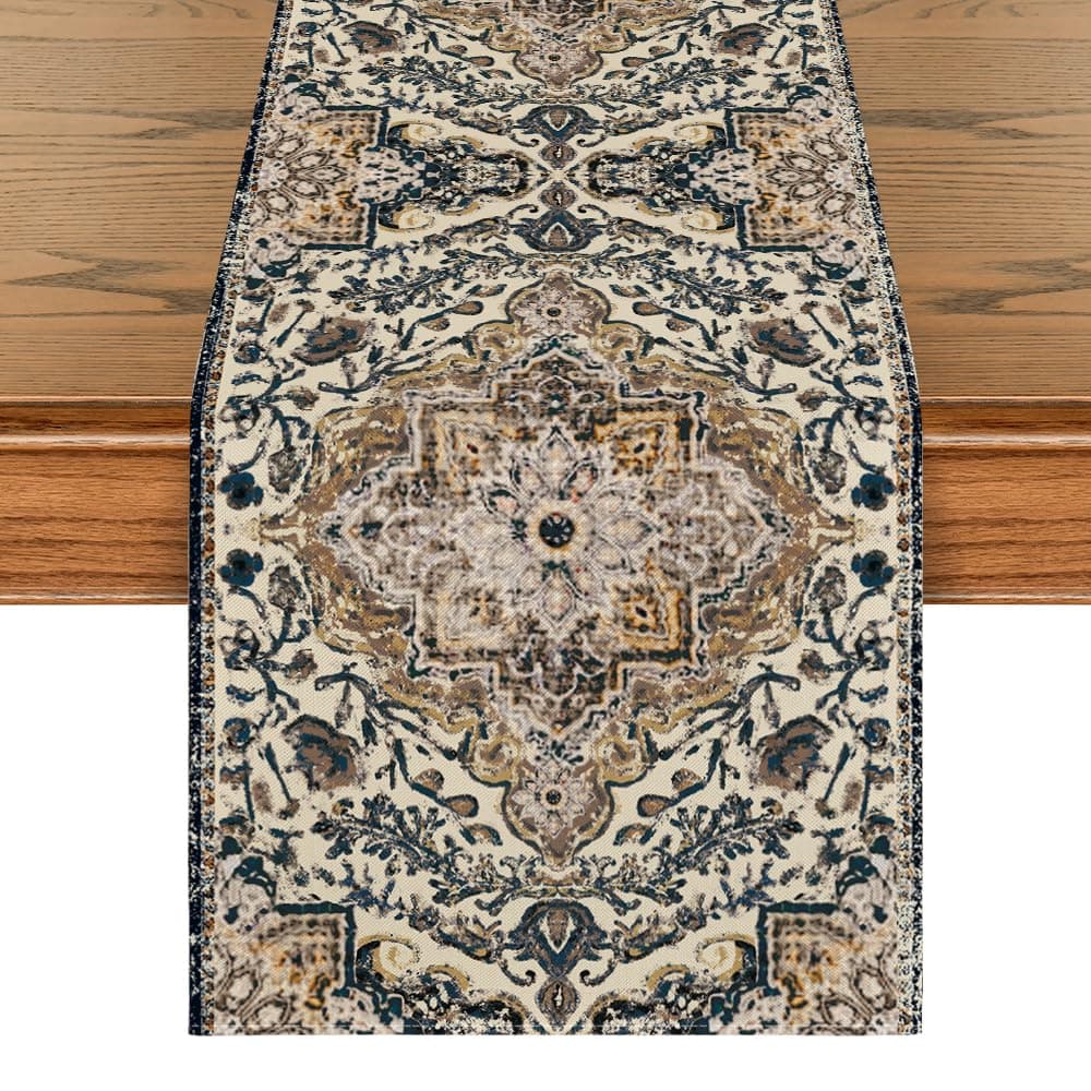 Dark Blue Boho Bohemia Style Table Runner, Country Rustic Farmhouse Magical Halloween Kitchen Dining Table Decoration for Home Party Decor 13x72 Inch