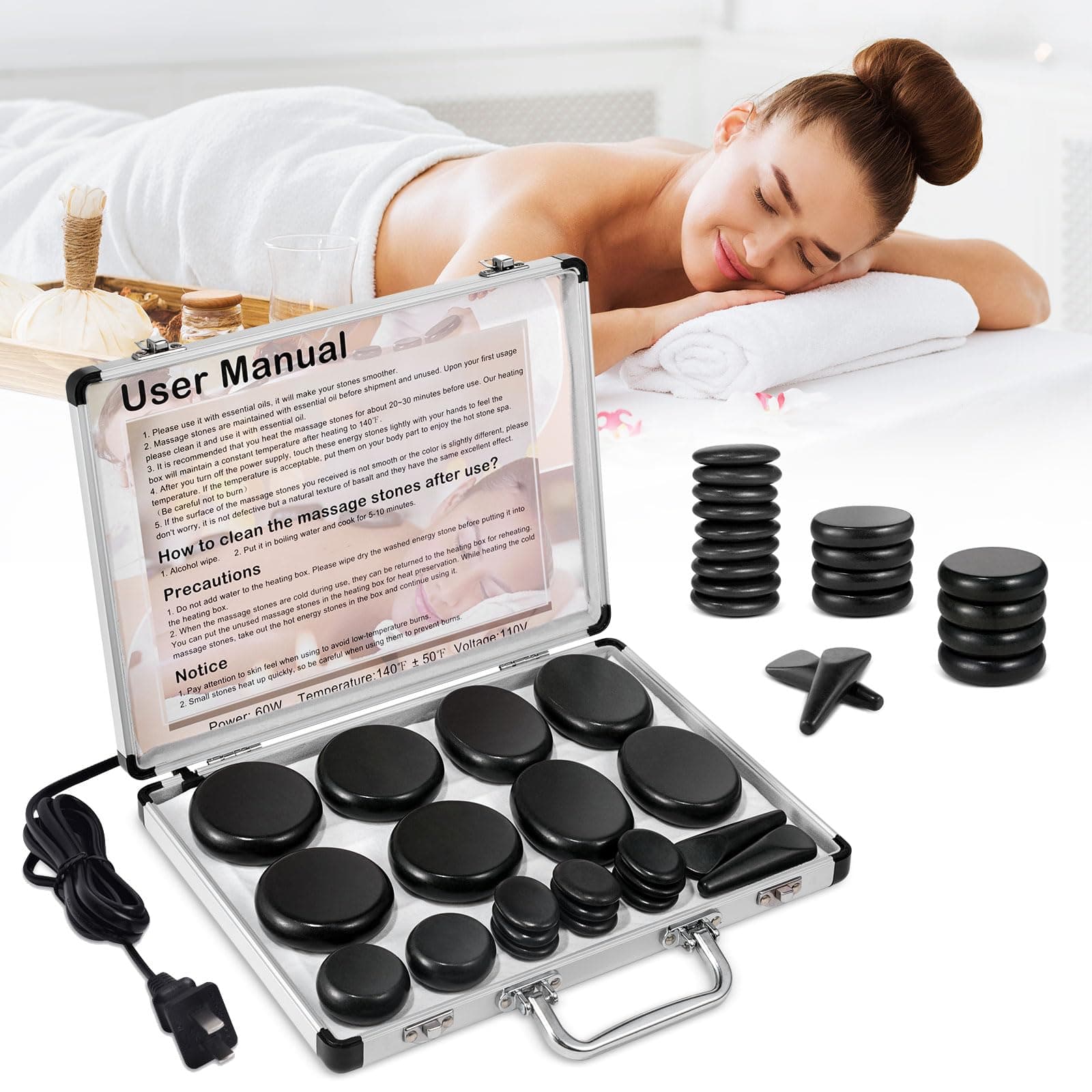 Hot Stones Massage Warmer Kit, 21 Pcs Hot Stones Massage Set, Hot Rocks Basalt Massage Stones for Home Spa Warming Therapy Relaxing