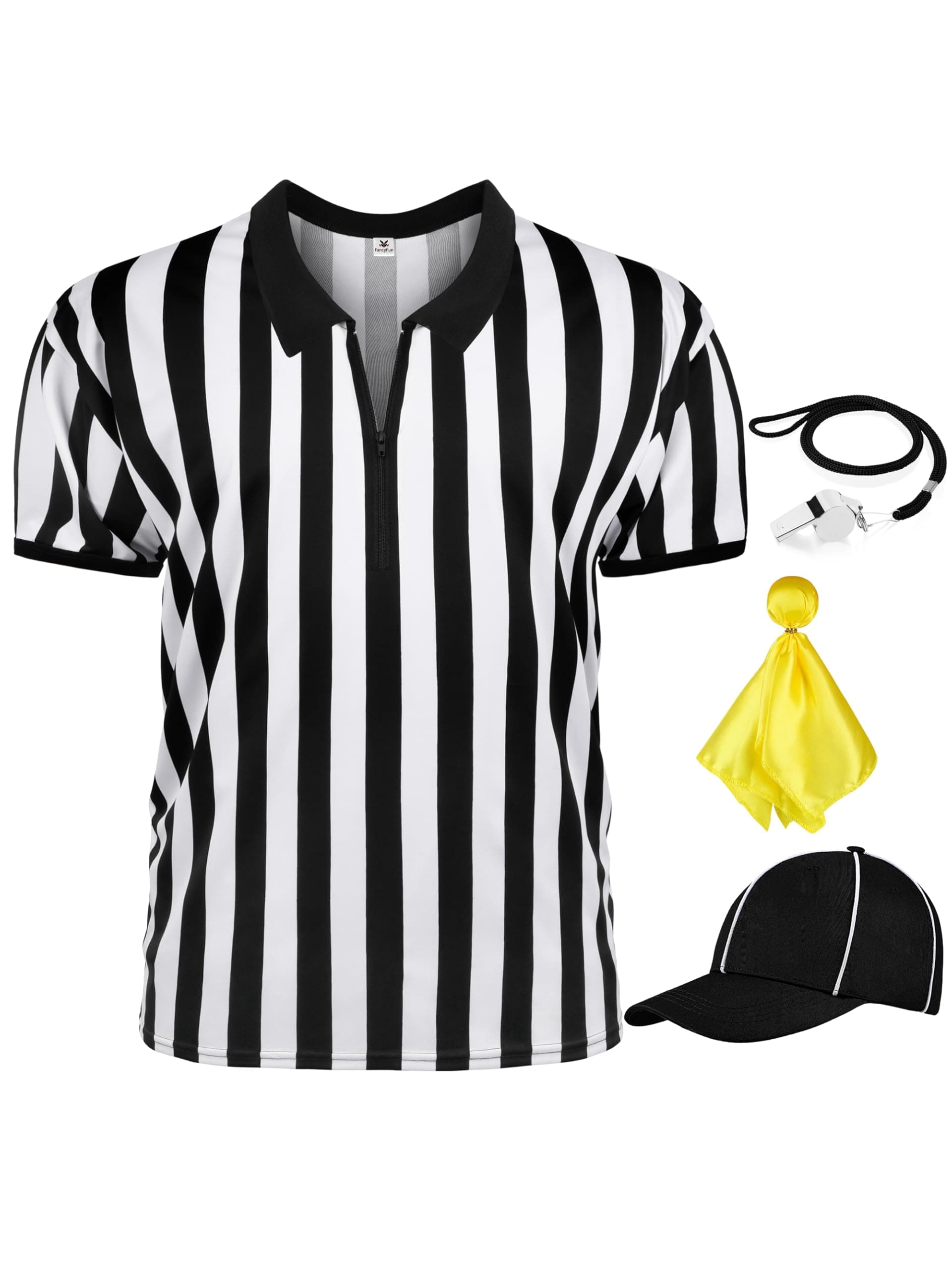 4 Pcs Referee Shirt, Ref Shirt Zipper Collar Referee Costume Men Women Ref Whistle Hat Penalty Flag for Football Soccer