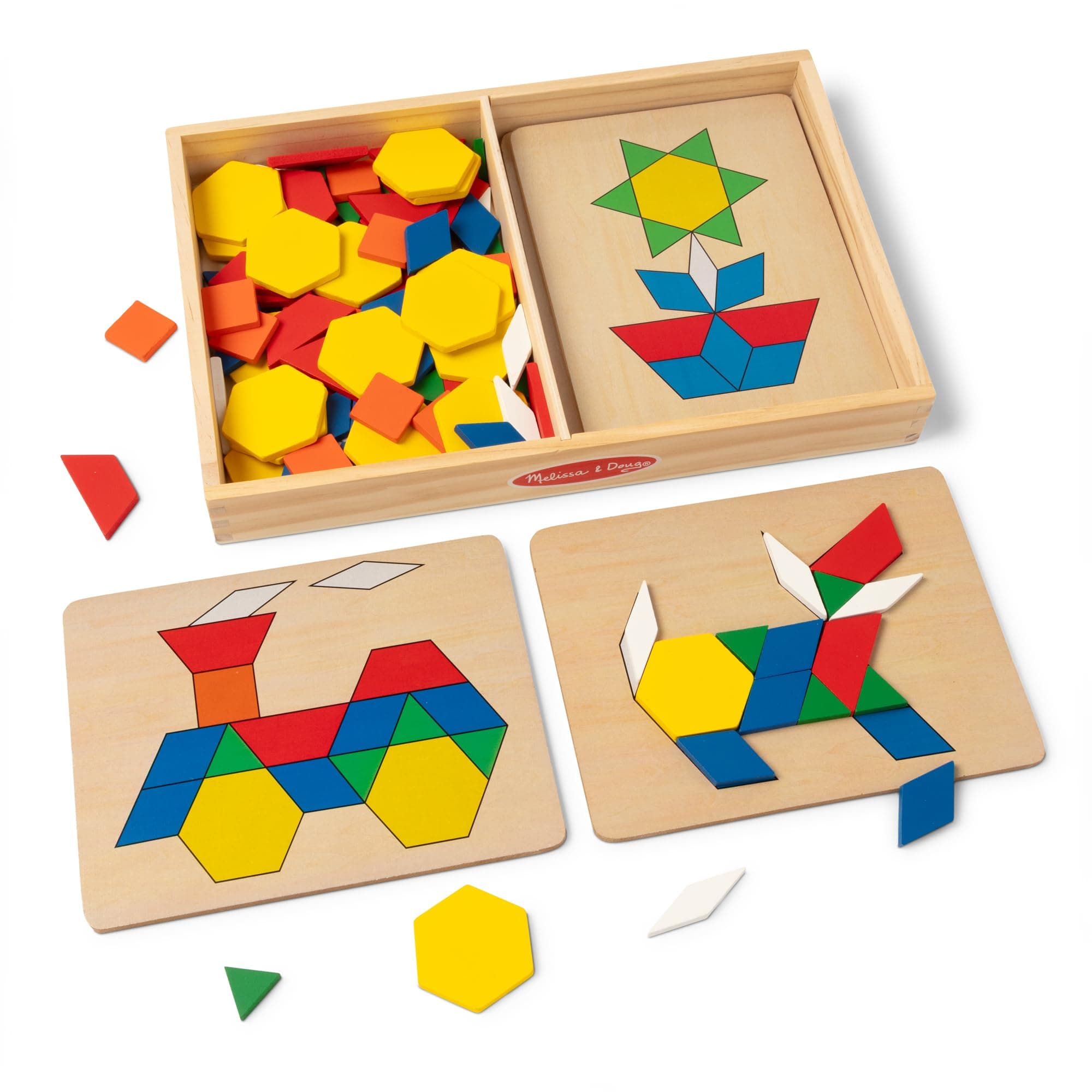 Pattern Blocks and Boards – Wooden Educational Set with 120 Geometric Shapes and 5 Double-Sided Boards – Teaches Colors, Shapes, and Patterns – Ages 3+ | MD29