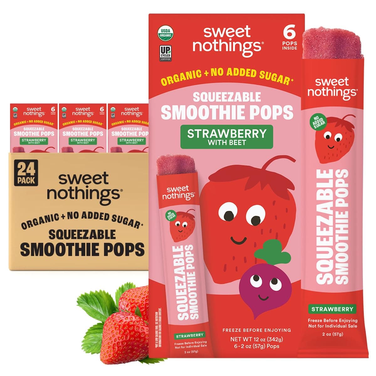 - Sweet Nothings, Strawberry, USDA Organic Kids' Squeezable Fruit Smoothie Popsicle Pops, Value Pack of 24 - Dye-Free, No Added Sugar, Dairy-Free, Vegan, Organic Fruit and Veggie Pops, Freeze & Enjoy