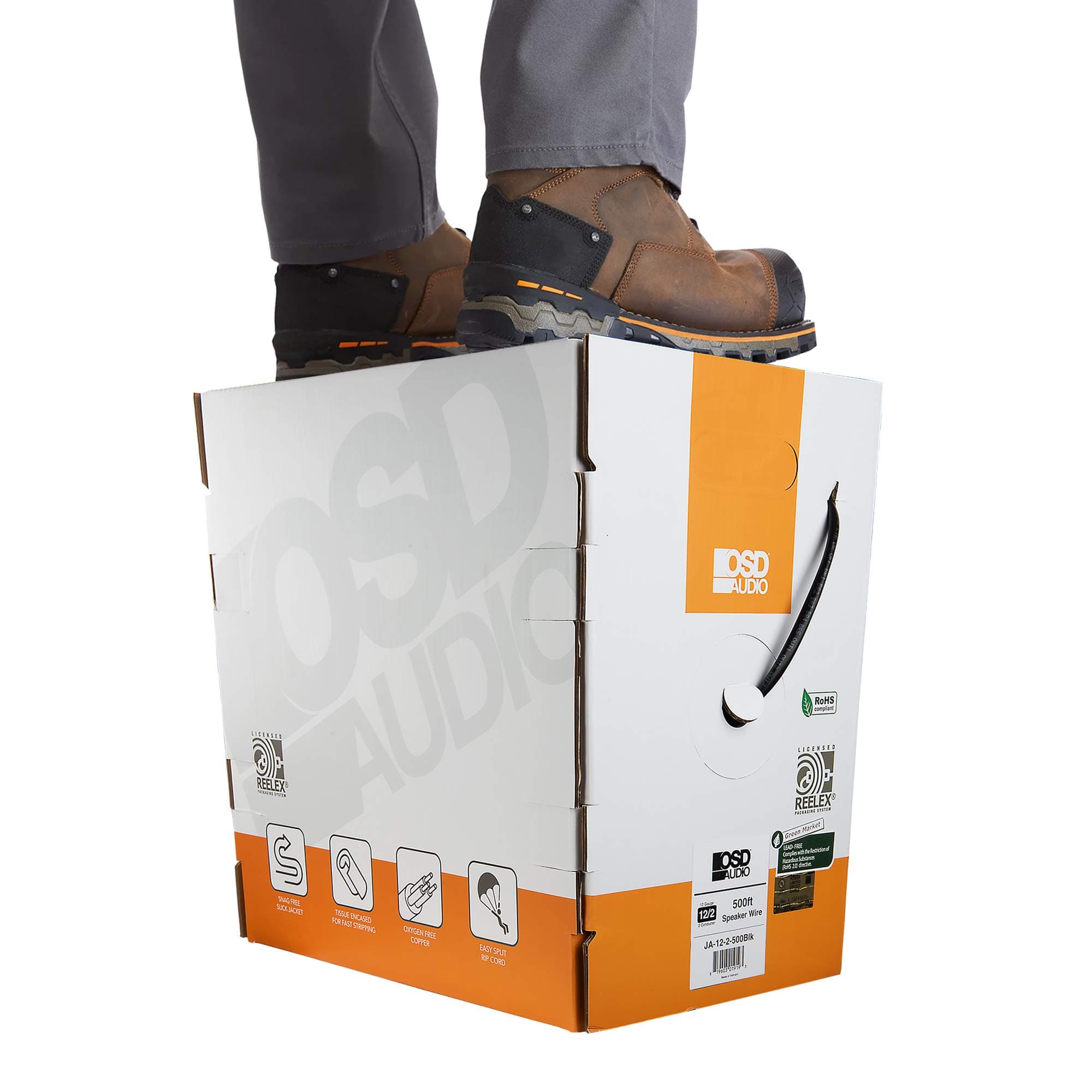 OSD 12/2 Speaker Wire 12 AWG/Gauge 2 Conductor UL List in Wall Direct Burial Graded CL2/CL3 Oxygen Free Copper OFC 500 Foot Snag Free Easy Pull Heavy Duty Box - Black