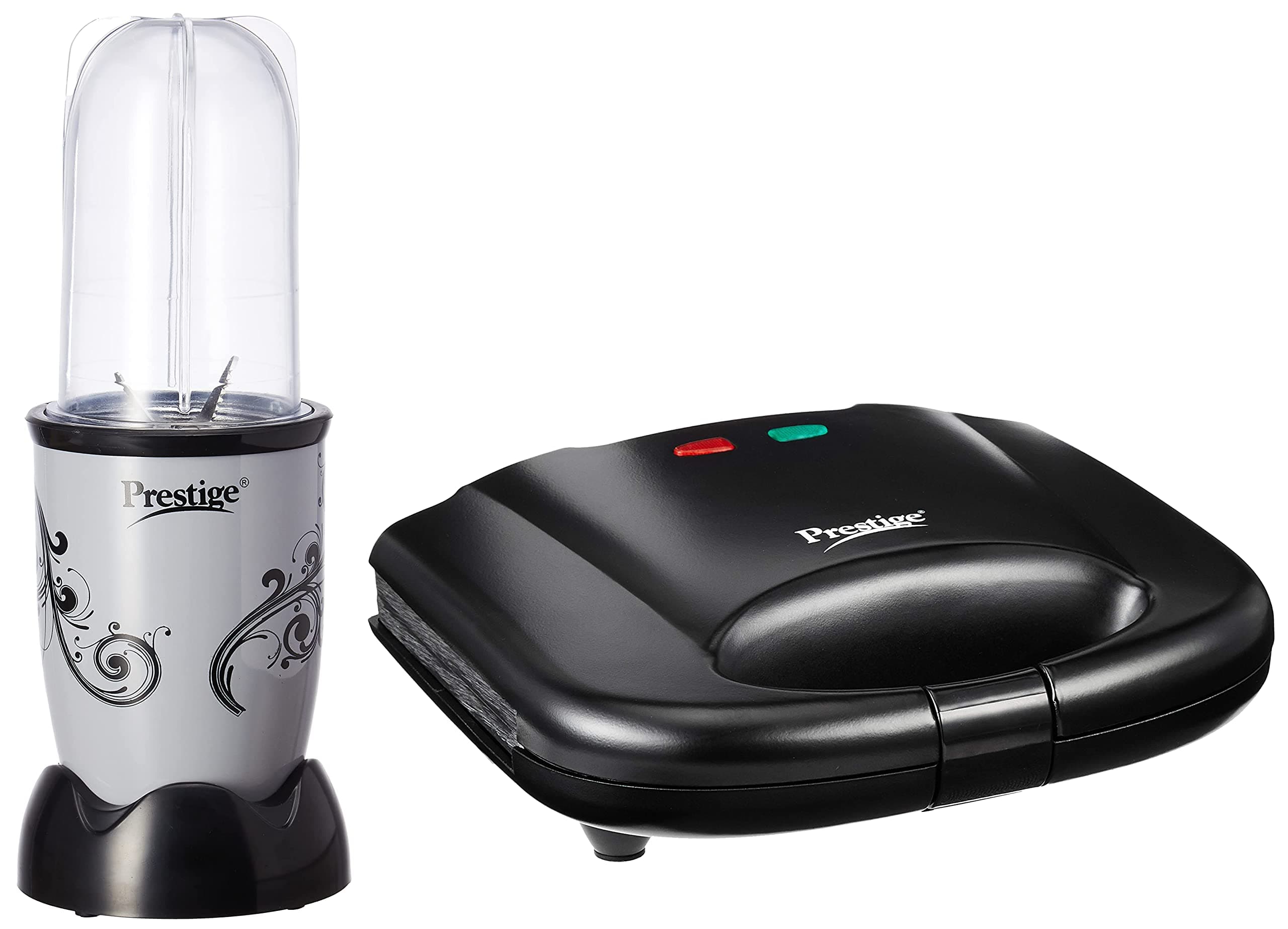 Prestige Express PEX 3.0 Mixer Grinder with Multipurpose Jars, 500 ml & 300 ml, Silver) & Prestige PGMFB 800 Watt Grill Sandwich Toaster with Fixed Grill Plates, Black