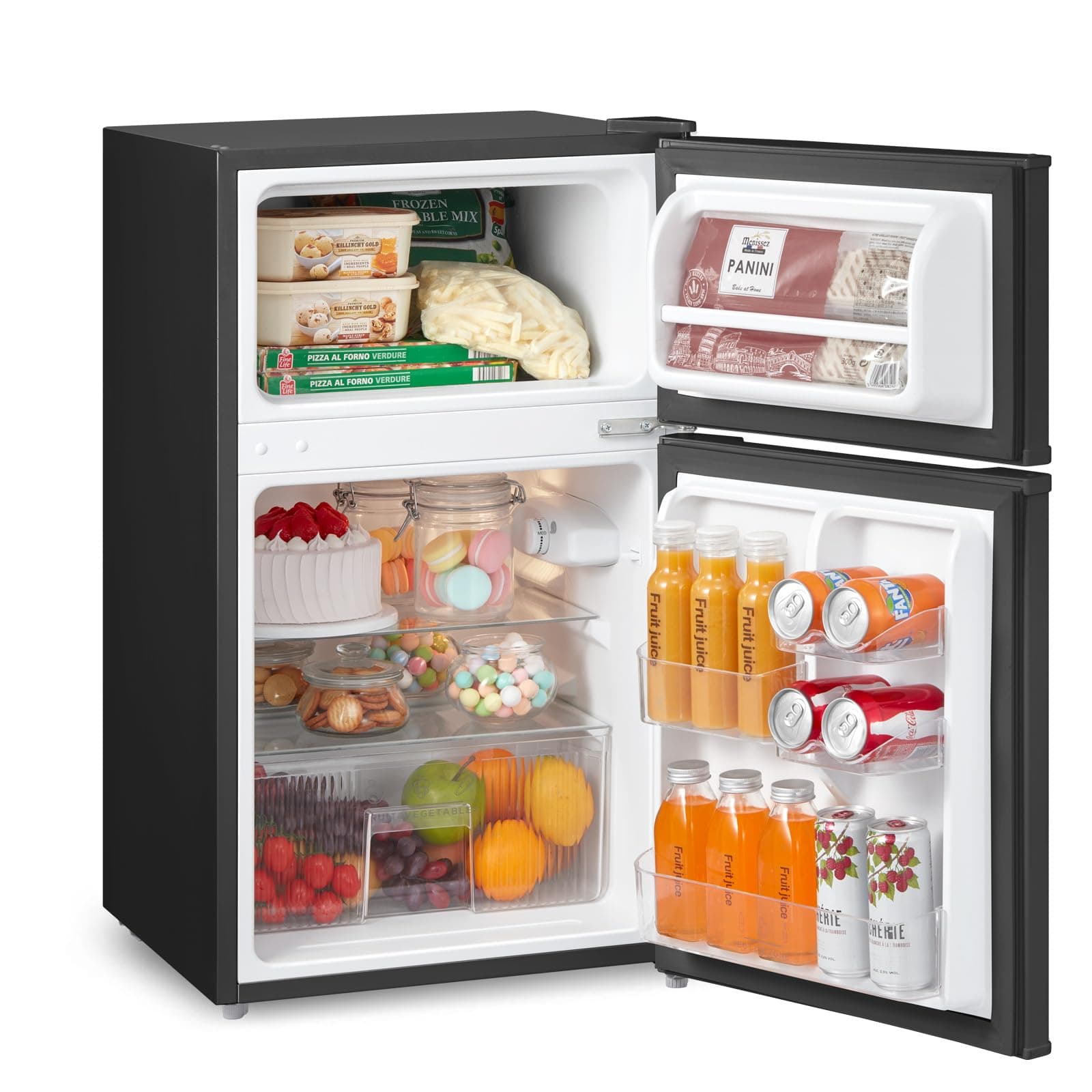 COMFEE' RCT87BL2(E) Under Counter Fridge Freezer, 87L Double Door Small Fridge Freezer with Light, Removable Shelves, Adjustable Thermostats, Reversible Doors Black