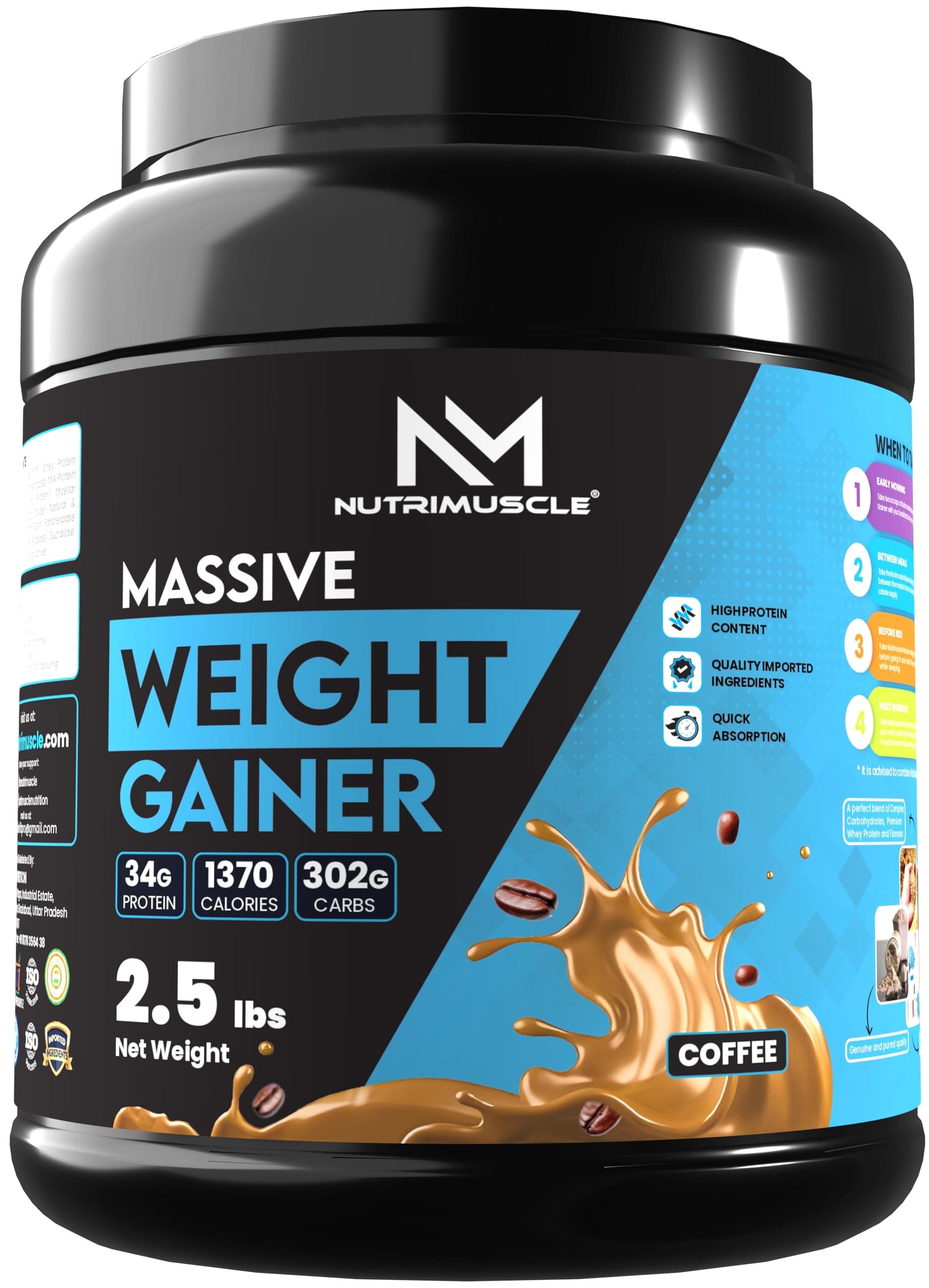 Massive Weight Gainer - 2.5 lbs - 1.134 Kgs - Coffee Flavour For Weight & Mass Gain - Contains Complex Carbohydrates