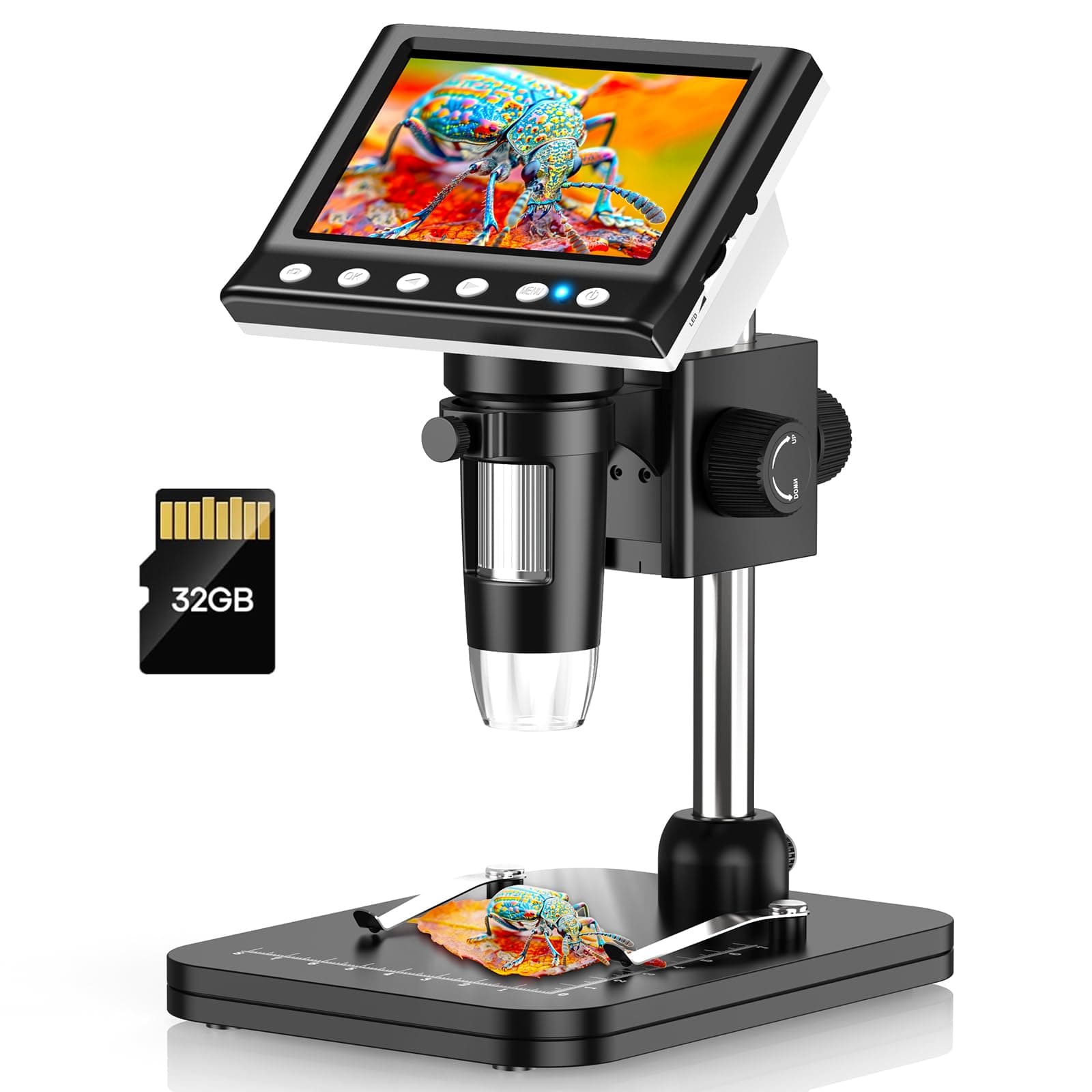 4.3'' IPS Digital Microscope, 1000X Magnification Digital Microscope for Adults,Coin Collection Supplies with 8 Adjustable LEDs,Windows Compatible,32GB TF Card