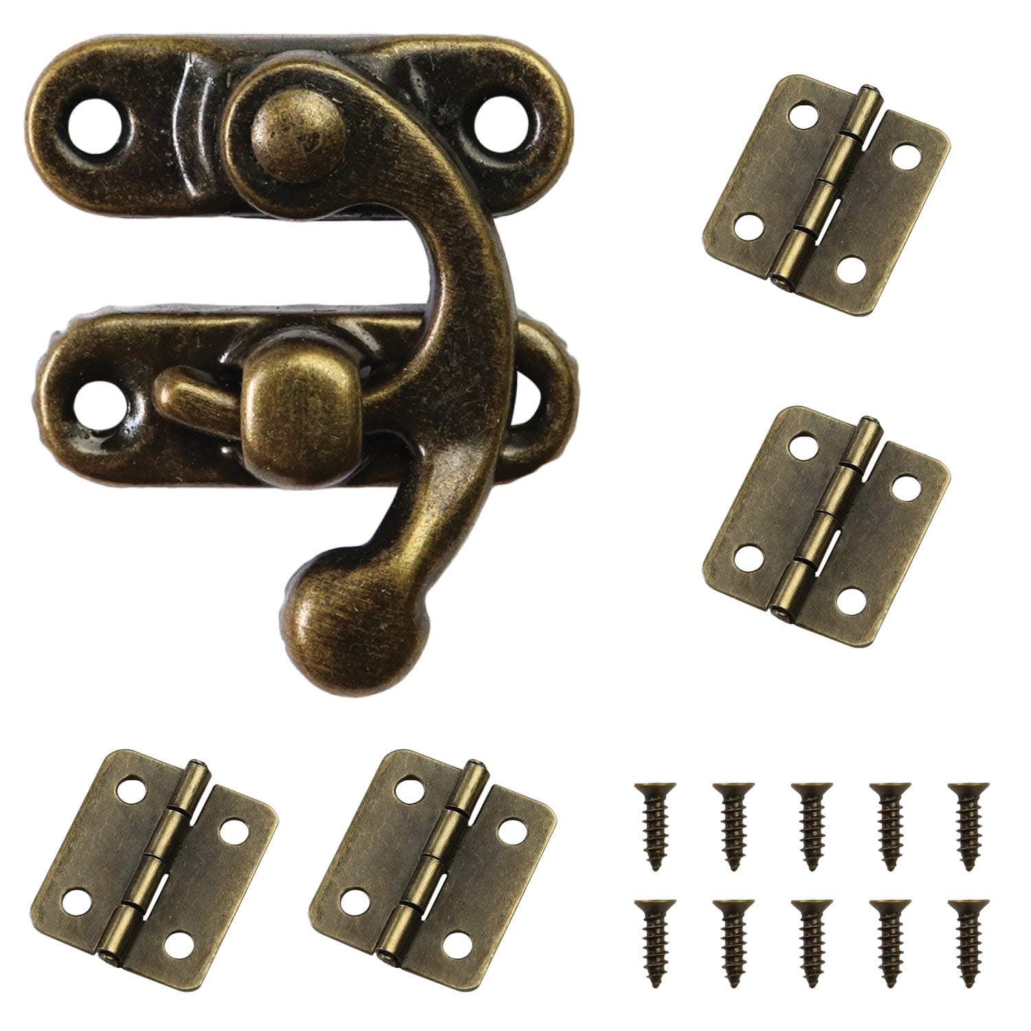 Antique Bronze 30 Sets Right Latch Hook Hasp with 60 Sets Mini Box Hinges and 360 Replacement Screws for Wood Jewelry Box