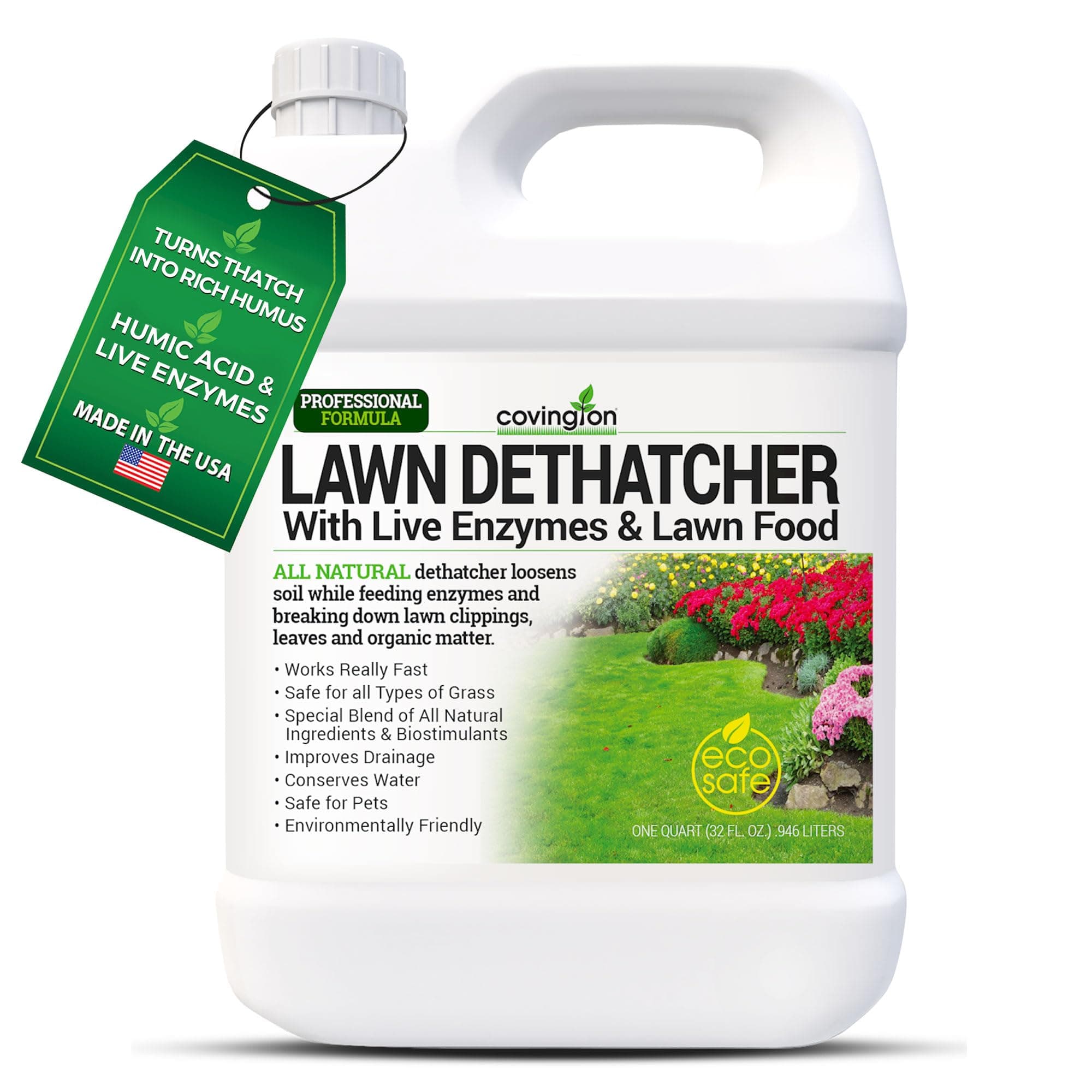 Covington Liquid Lawn Dethatcher (32oz) – Liquid Aerator Concentrate & Humic Thatch Remover, Soil Softener & Grass Thatch Buster for Lawns & Gardens – Kids & Pet Safe, Made in USA