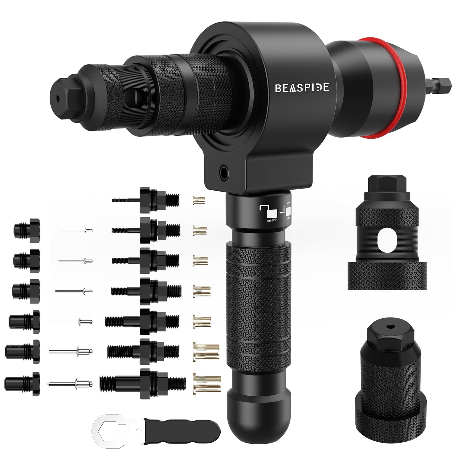 Rivet Nut Tool Kit for Drill, 2-in-1 Cordless Rivet Gun Adapter & Rivet Nut Adapter, Rivnut Tool Set with 7 Metric Mandrels, 6 Rivet Head Sizes, 65Pcs Rivet Nuts, Carry Case