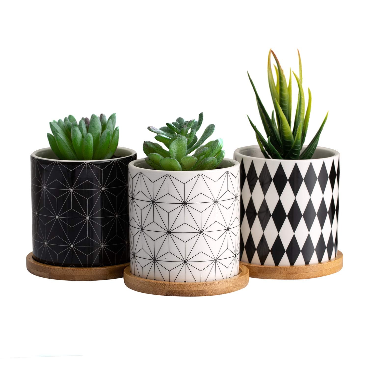 3.2 Inch Succulent Plant Pots, Small Modern Flower Ceramic Planter Indoor with Bamboo Tray for Cactus, Herbs, Home, Set of 3 (Plants Not Included)