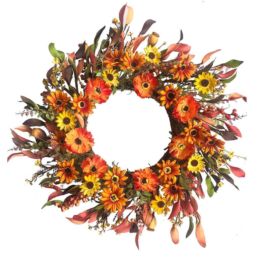 J'FLORU Artificial Fall Wreath 20 Inch Autumn Wreath for Front Door Thanksgiving Wreaths with Colorful Daisies for Wall Window Harvest Festival Celebration
