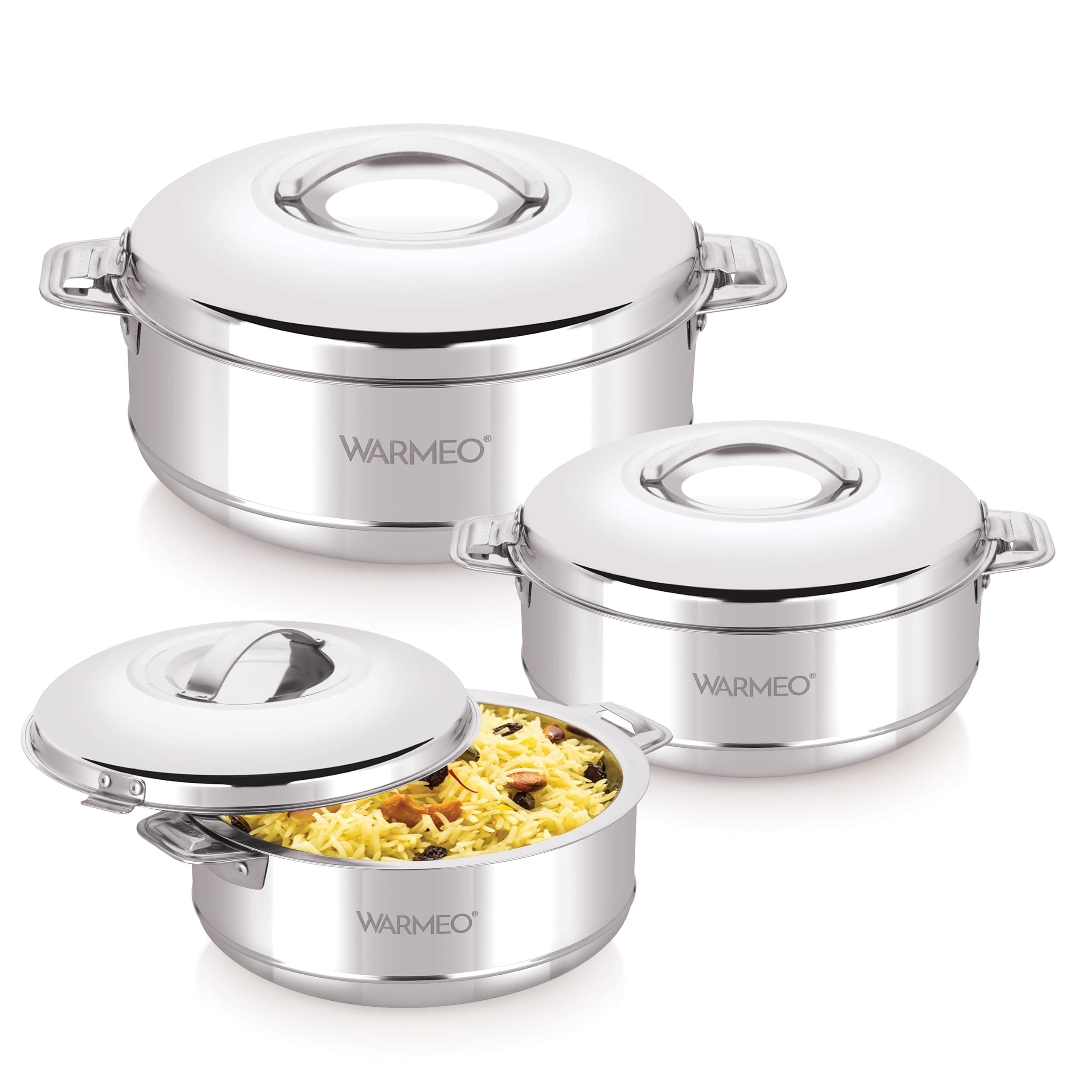 WARMEO Steam Insulated Stainless Steel Casseroles| Easy to Carry Hot Boxes for Kitchen | Hot Food, Easy to Store| Silver| Set of 3 (500,1000,1500ml)