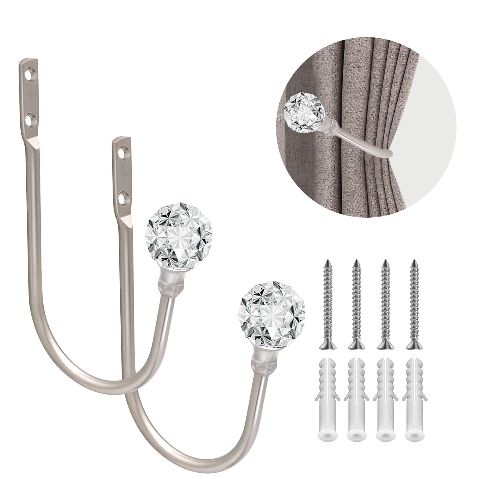 Curtain Drapery Holdback, Decorative Drapery Tieback Hooks with Crystal Ball, U Shaped Curtain Holders Wall Mounted Curtain Holdback, Heavy Duty Window Treatment Holdbacks for Home Decor 1 Pair Silve