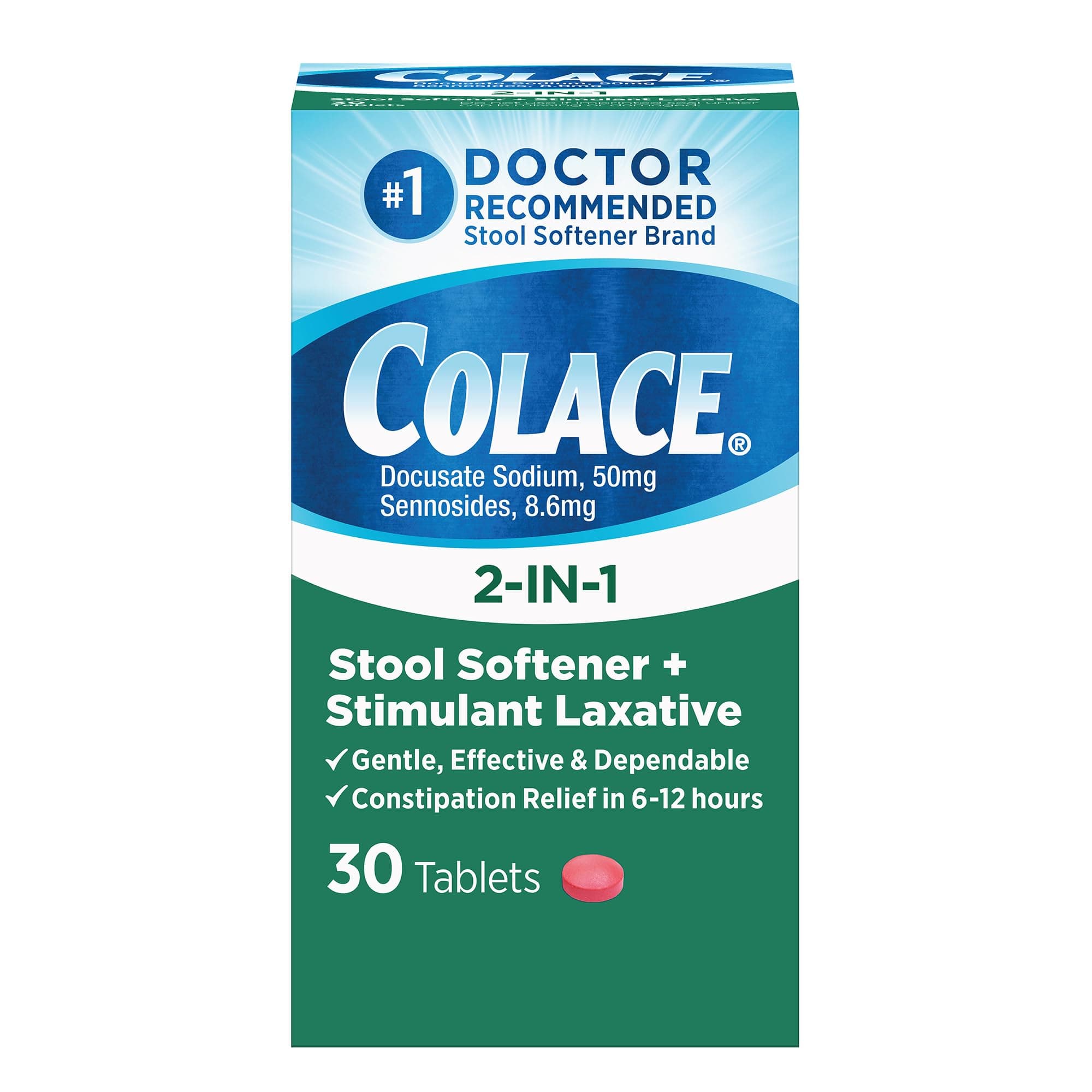 2-In-1 Stool Softener & Stimulant Laxative Tablets, Gentle Constipation Relief in 6-12 Hours, 30 Count