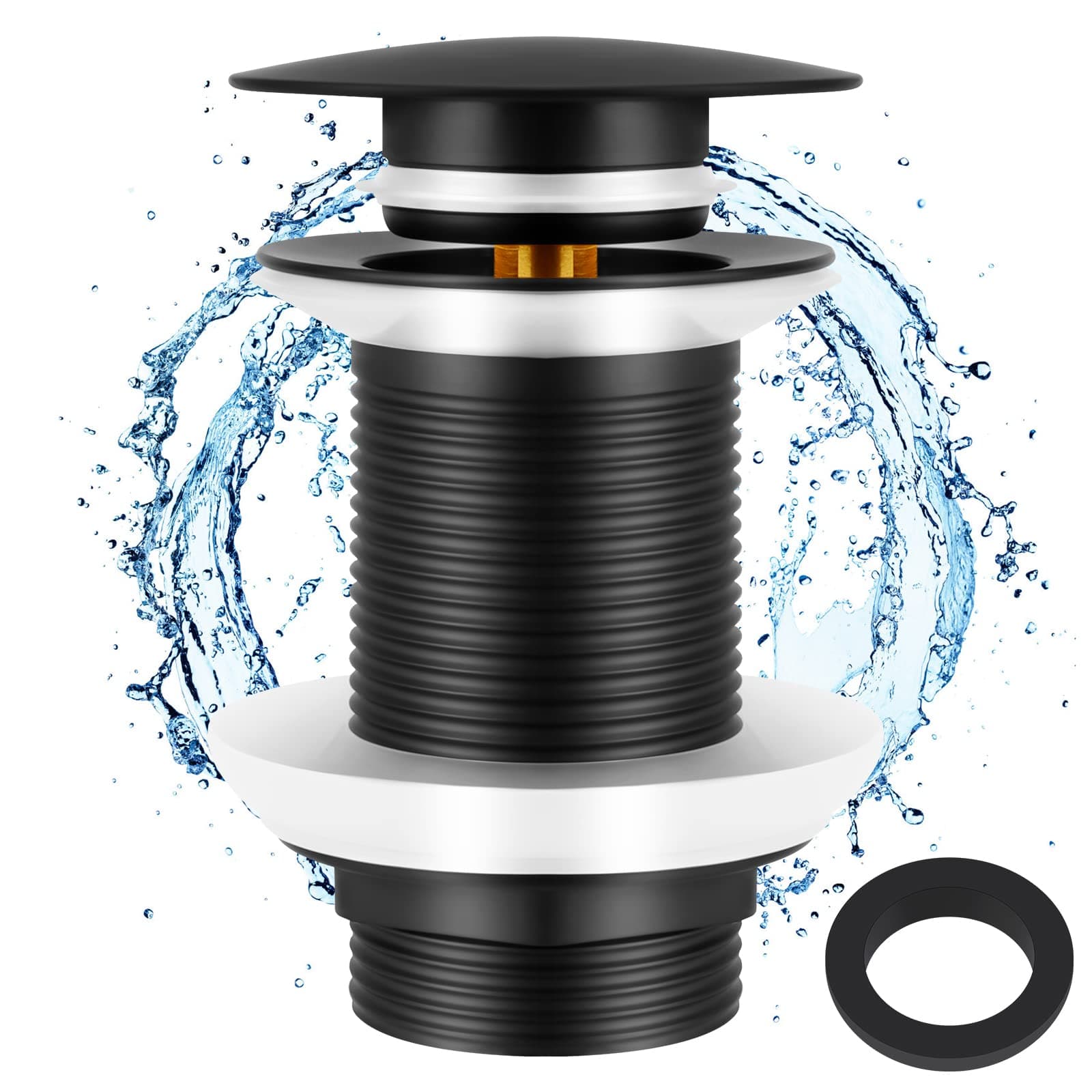 Iyowei Basin Waste Pop Up, Unslotted Pop Up Sink Plug, Matte Black Sink Waste Click Clack Basin Waste without Overflow for Bathroom Sink, with 1Pcs Spare Rubber Gasket