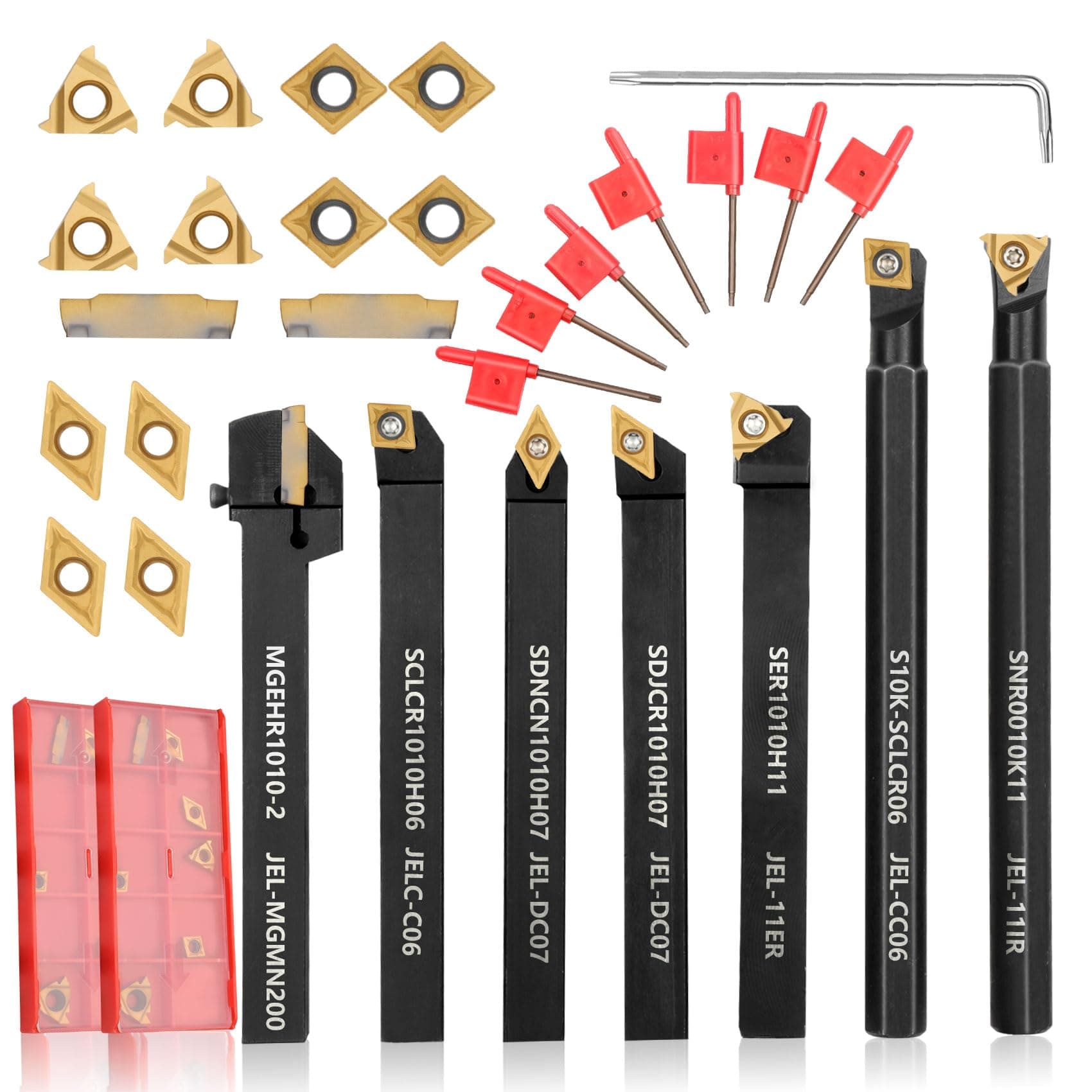 Indexable Lathe Turning Tool 21Pcs Kit 3/8'' 10mm Shank 7Pcs Metal Lathe Tools Holder Set with 14Pcs Turning Inserts for Turning Grooving Threading Boring Carbide Inserts Carbide Turning Tool