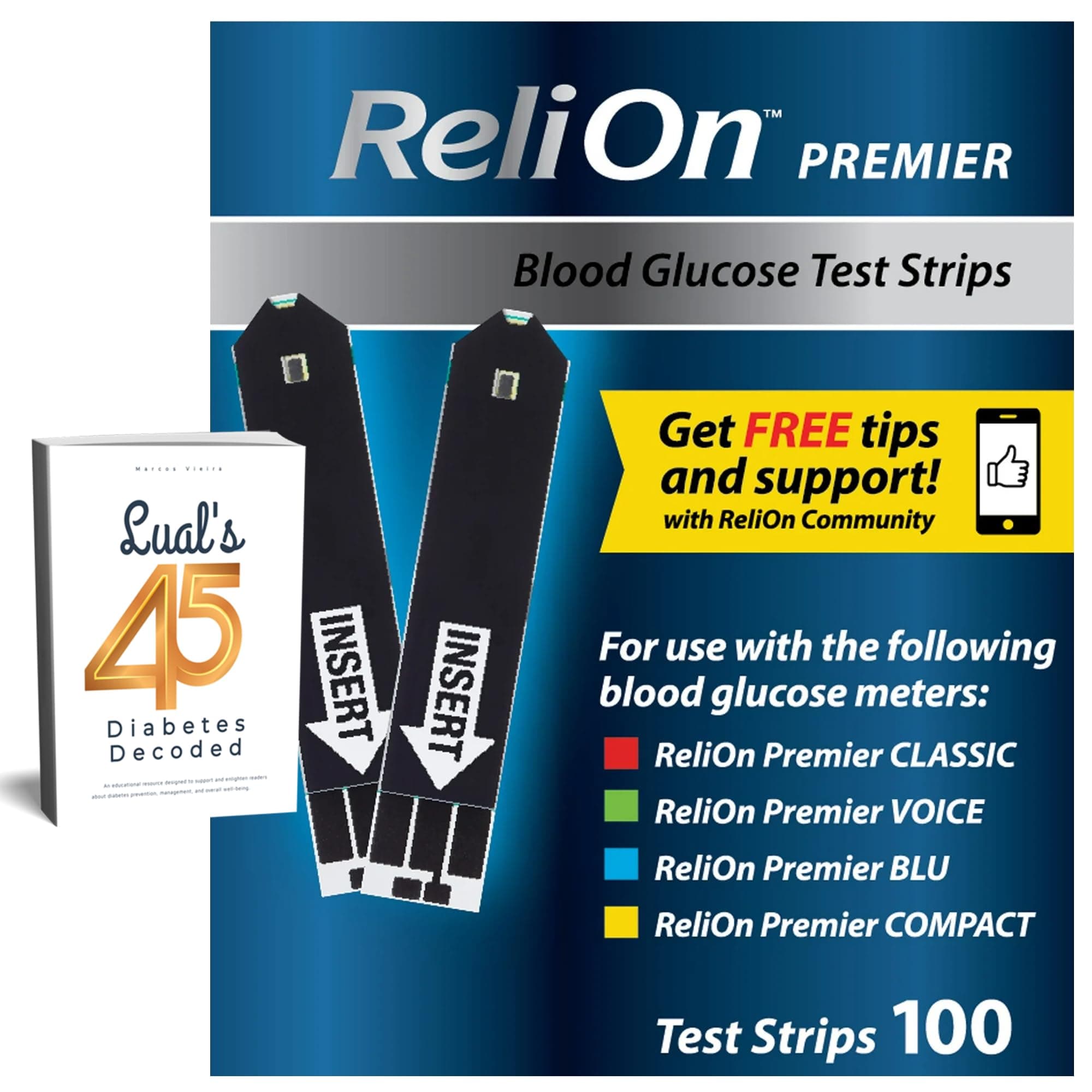 Premier Blood Glucose Test Strips 100 ct, Compatible with Premier Meters, Diabetic Test Strips | Premier Test Strips 100 Count, Bonus Diabetes Guide Included (100)
