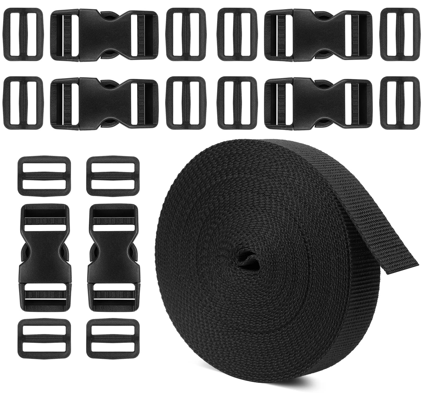 Phinus Buckle Straps 1 Inch, Webbing Straps Polypropylene 11 Yards, 6 PCS Adjustable Side Release Plastic Buckles, 12 PCS Tri-Glide Slide Clip, Heavy Duty Straps with Buckles