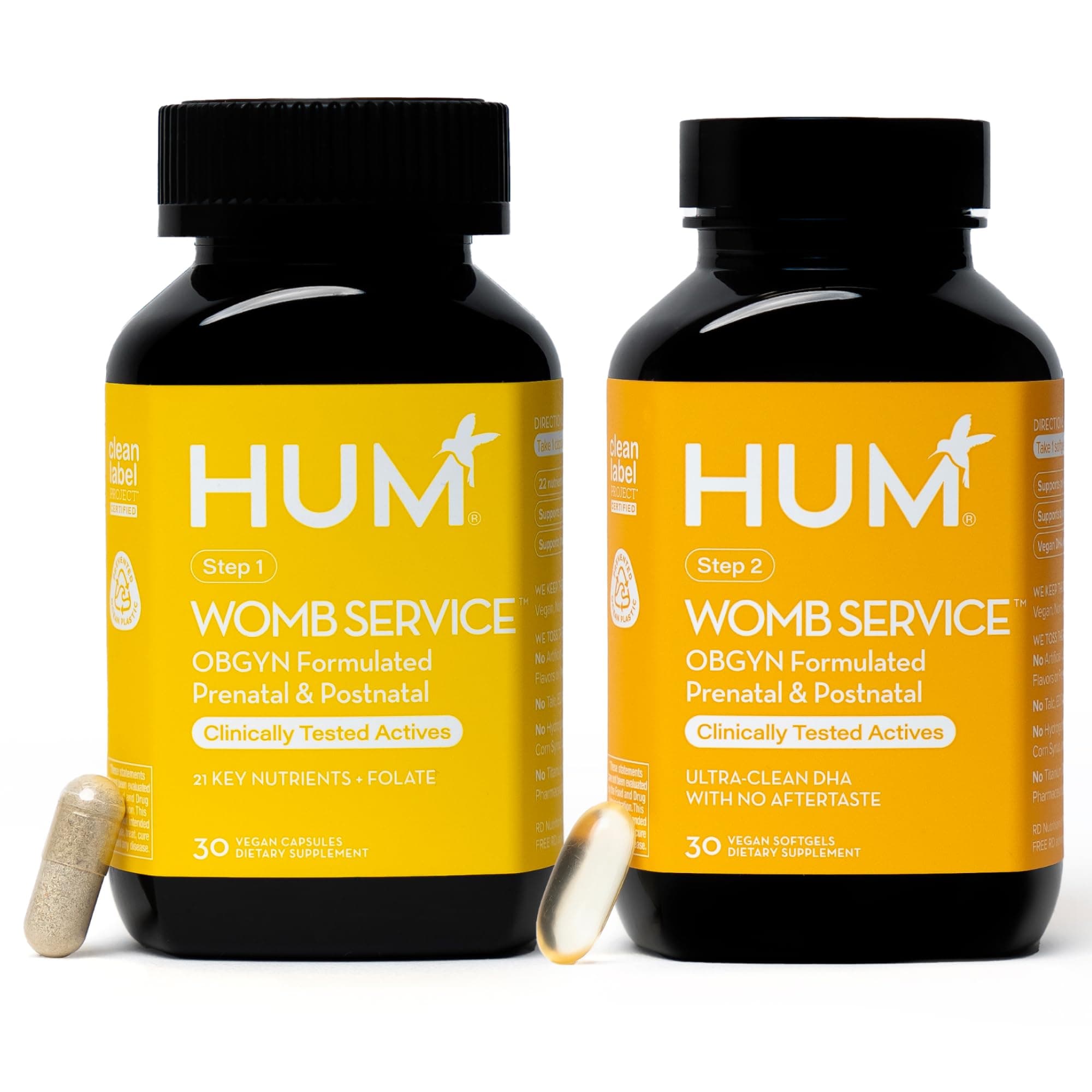 HUM Womb Service Prenatal & Postnatal Vitamins Combo Pack - OBGYN Formulated Vegan Prenatal Vitamins with DHA and Folic Acid (Folate) Clean Daily Pre-to-Post Pregnancy Support with Choline