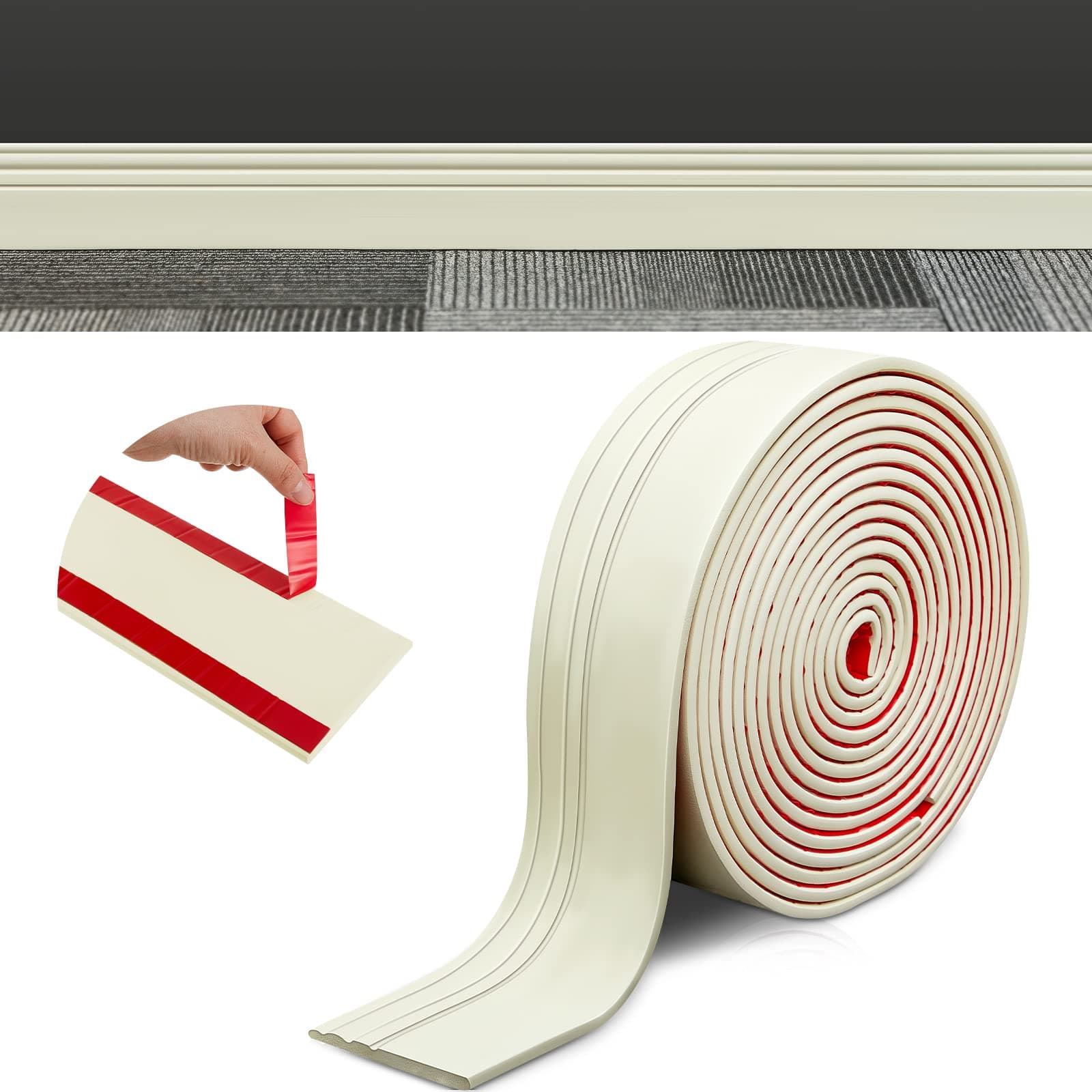 4 Inch x 33 ft Paintable Baseboard Trim Flexible Baseboard Molding Trim Peel and Stick Baseboard Caulk and Trim Strips for Floor (Cream White is Not White)