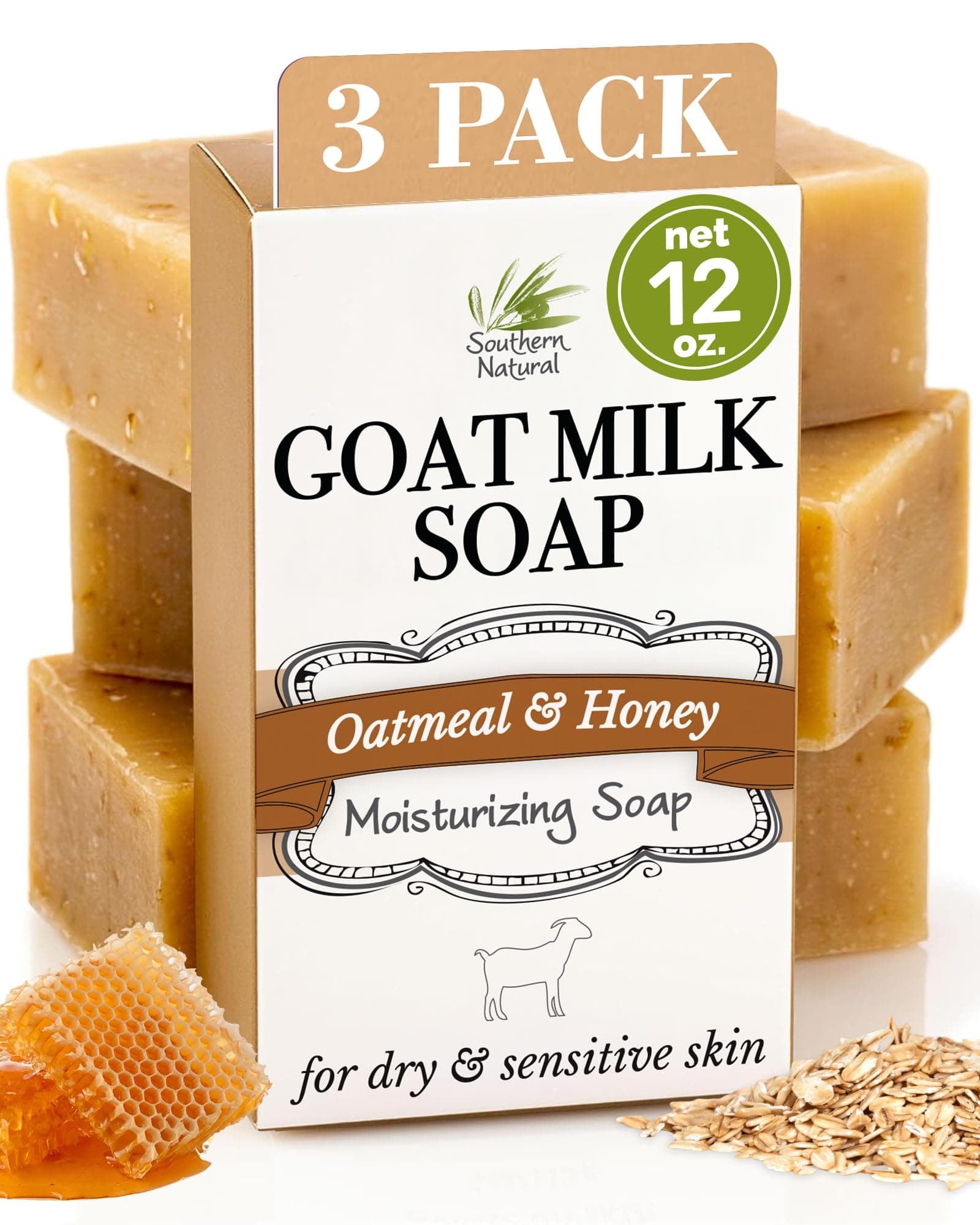 Oatmeal Soap Bar (3 Pack) Unscented Goat Milk Soap Bars With Colloidal Oatmeal & Honey. For Dry, Sensitive Skin. Fragrance Free Cleanser