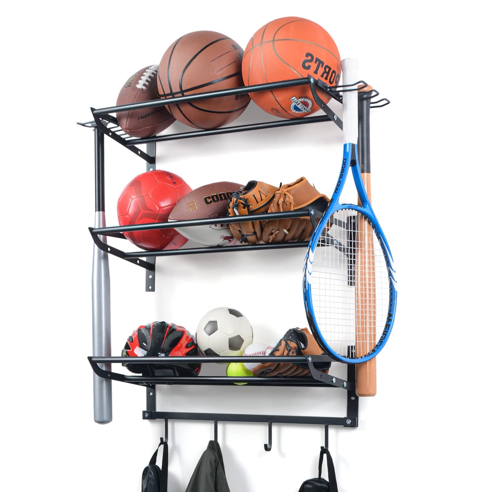 XCSOURCE Garage Sports Equipment Storage Rack with 3 Separate Shelf, Ball Rack, Sport Equipment Organizer with 4 Hooks for Badminton Racket, Basketball Rack for Basketball Football Rugby