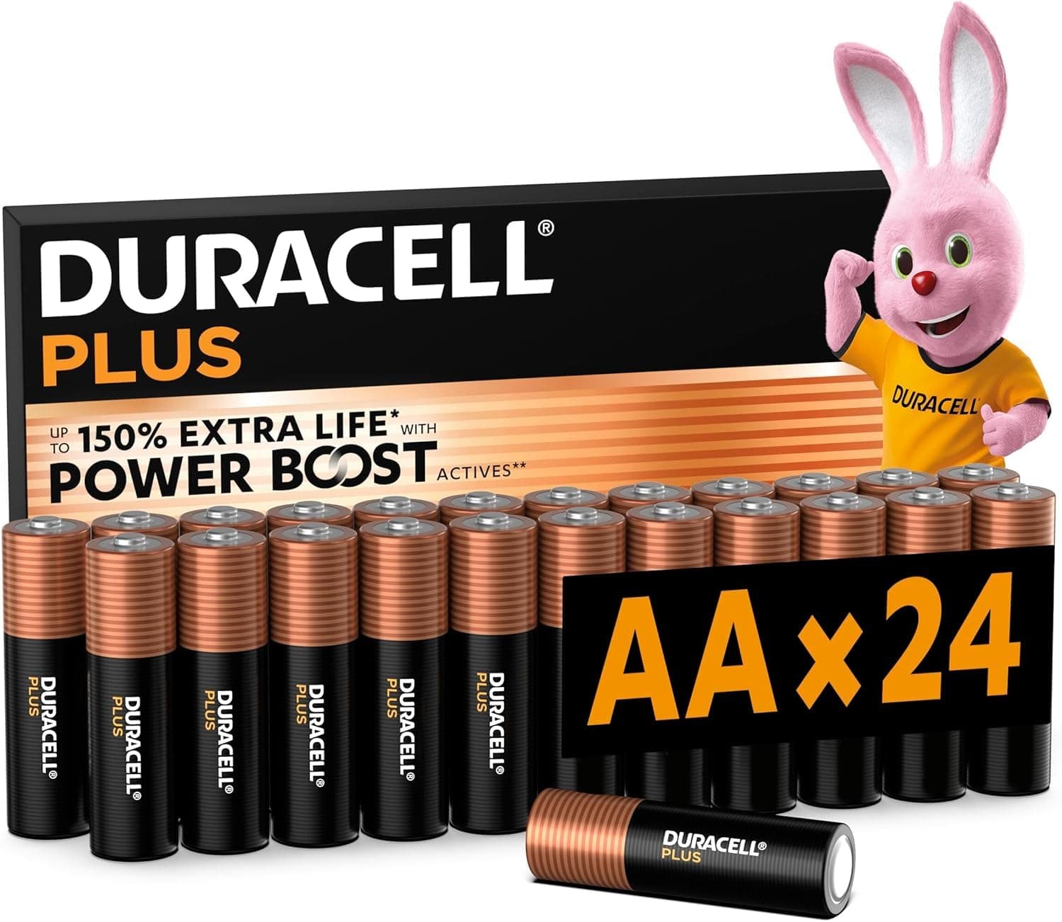 Duracell Plus AA Batteries (24 Pack) - Alkaline 1.5V - Up To 100% Extra Life - Reliability For Everyday Devices - 0% Plastic Packaging - 10 Year Storage - LR6 MN1500