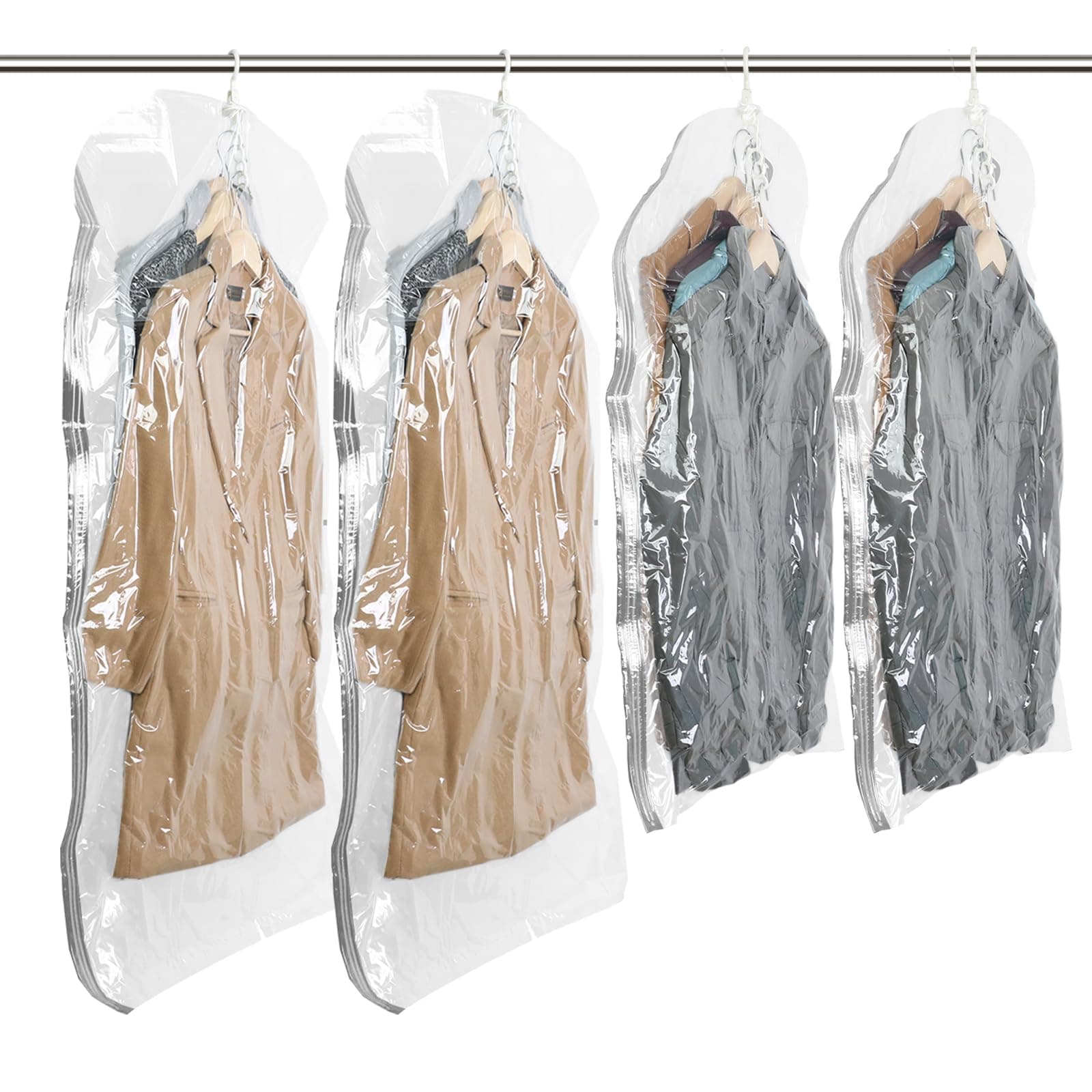TAILI 衣類圧縮袋 吊るせる圧縮袋 洋服 吊り下げ 真空バッグ 衣類カバー 省スペース 掃除機対応 バッグハンガー 着物収納 コート ジャケット スーツ用 花火大会 取り付け簡単 繰り返し利用可能 M/Lサイズ 4枚組 透明