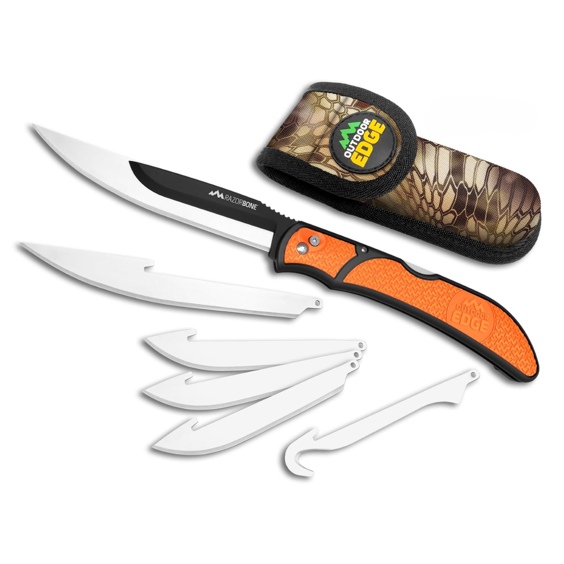 OUTDOOR EDGE RazorBone Replaceable Blade Folding Hunting Knife with Clip & Sheath, 3 Butcher Knife Blade Styles - Boning, Gutting, & Skinning Knives. Blaze Orange, Camo Sheath, 6 Blades & Blade Box