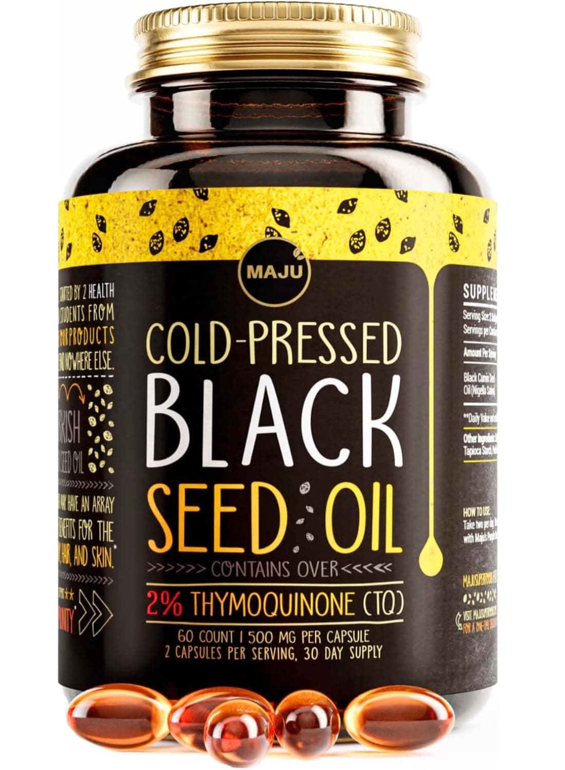 Maju Superfoods Black Seed Oil Capsules - Cold Pressed, 2% Thymoquinone, Turkish Black Cumin Oil, 60 Count, 500mg