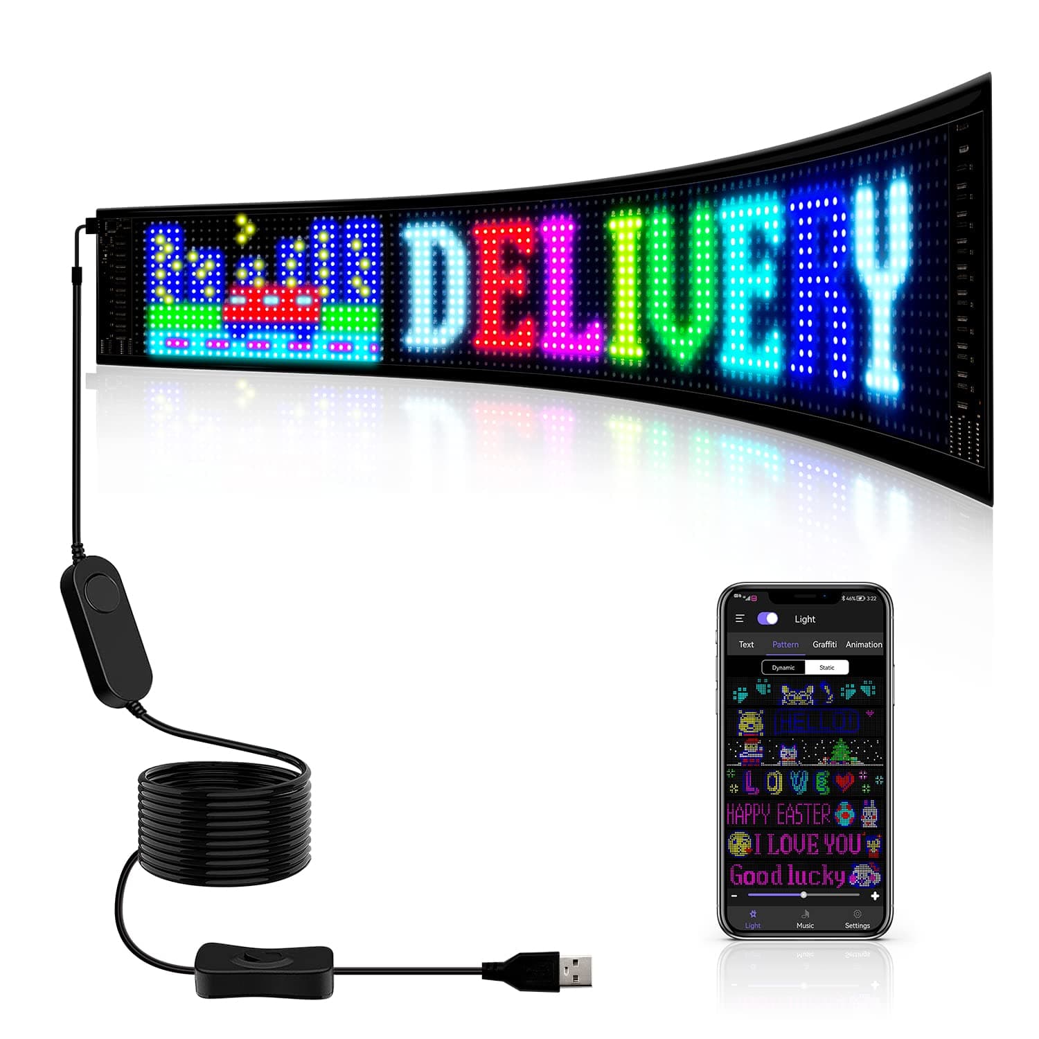 LED Sign for Car Super Bright Programmable LED Sign USB 5V Flexible LED Matrix Panel For Store Hotel Bar Via Bluetooth APP Custom Text Pattern Animation Music Rhythm(26.77x4.72")