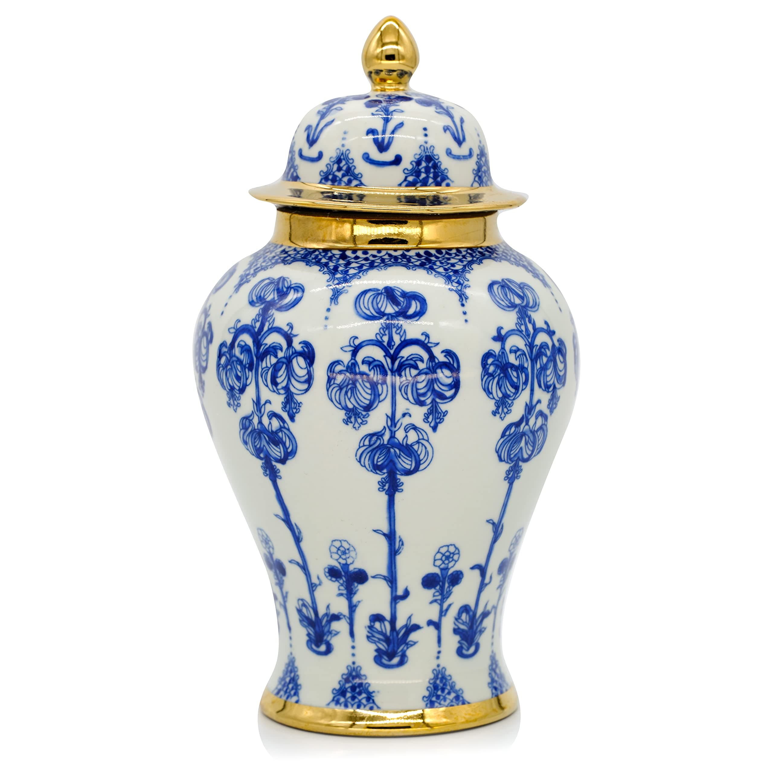 Ginger Jar with Lid BALIOS Decor Handmade Gold Trim Blue and White Porcelain Fuchsia Flowers Centerpiece Table Decoration Floral Arrangement