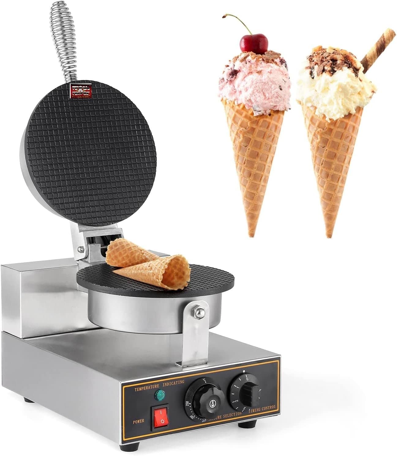mazoria Commercial Waffle Cone Baker (Silver) with Ice Cream Cone Mould