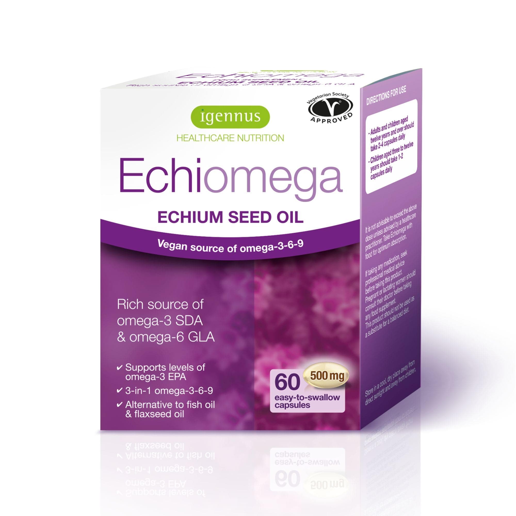 Echiomega Vegan Omega 3-6-9, Plant Based Echium Seed Oil, Ideal 2:1 ratio Omega-3 to Omega-6 GLA, Women’s Health, 60 Small Softgels,