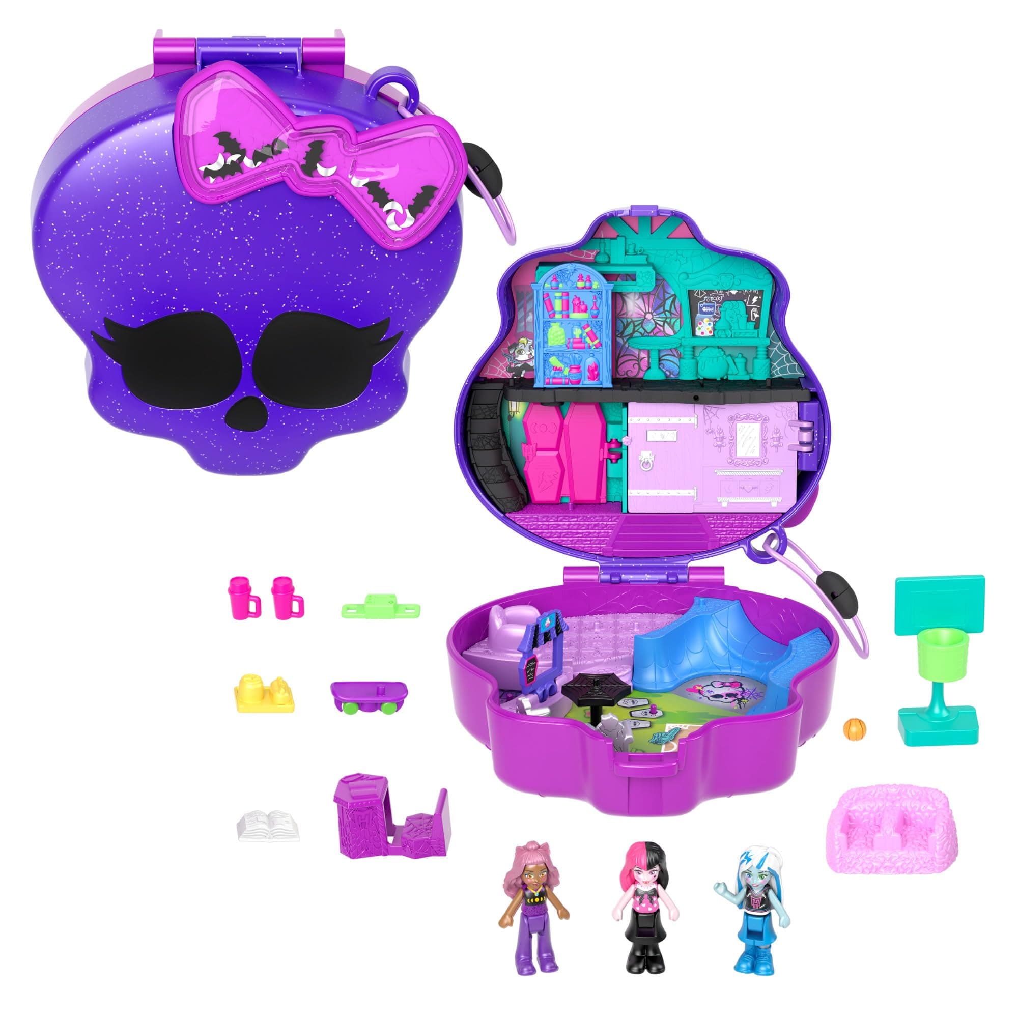 Monster High Playset with 3 Micro Dolls & 10 Accessories, Opens to High School, Collectible Travel Toy with Storage, HVV58